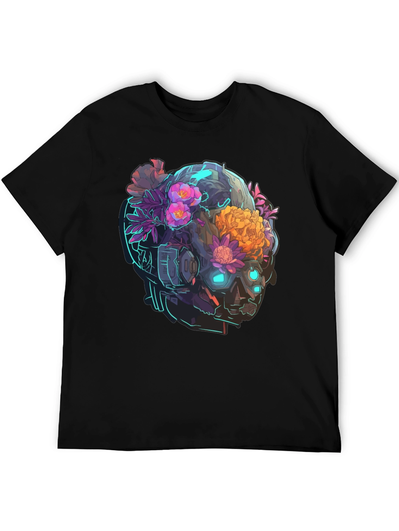 Black Floral Cyberpunk Skull T-Shirt - Unique Graphic Tee view 5