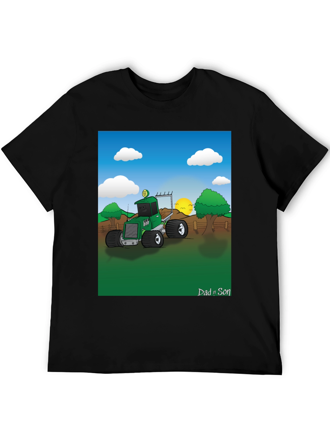 Black Dad n Son Cartoon Tractor Graphic T-Shirt view 5