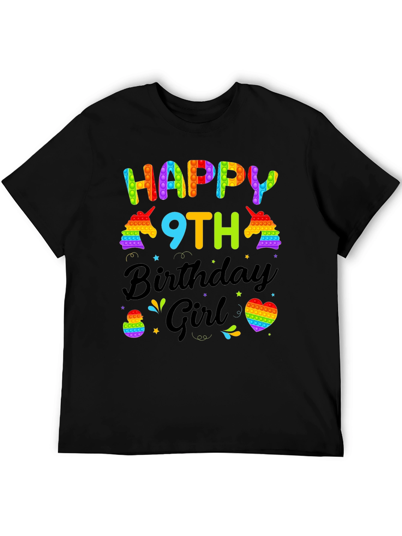 Black Happy 9th Birthday Girl T-Shirt - Pop It Unicorn view 5