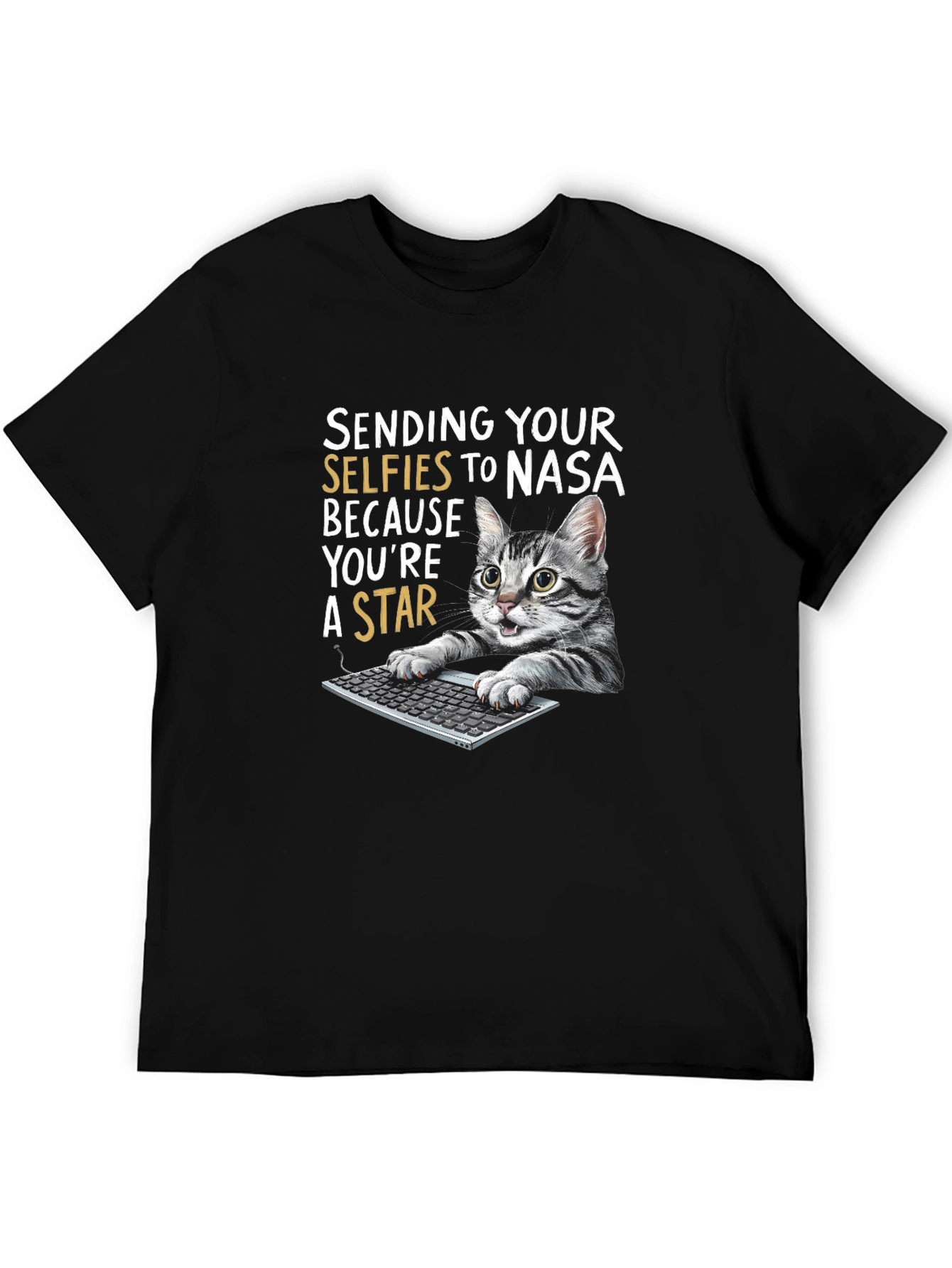 Black Funny Cat T-Shirt - Sending Selfies to NASA view 5