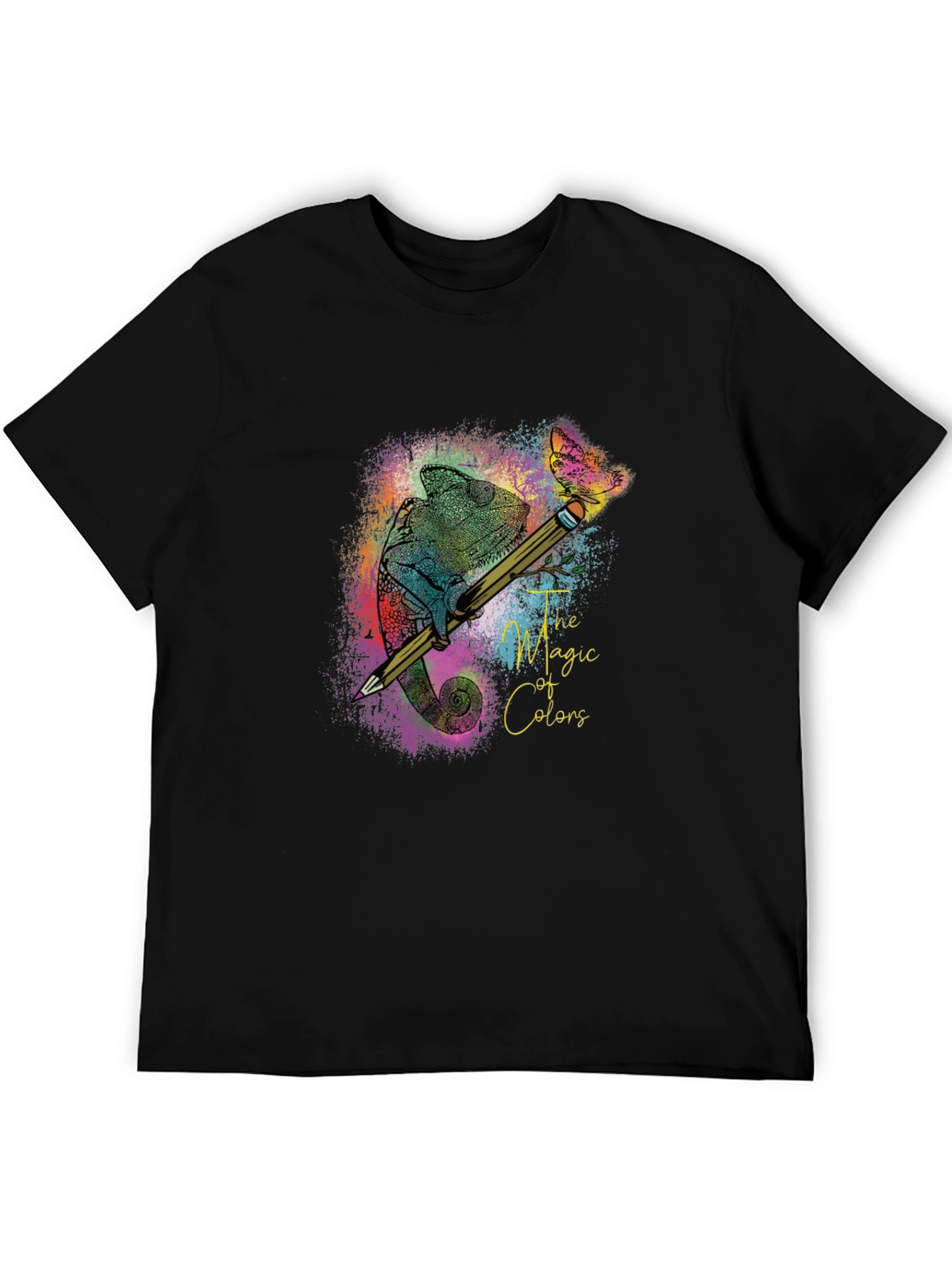 Black The Magic of Colors T-Shirt: Chameleon & Pencil Design view 5