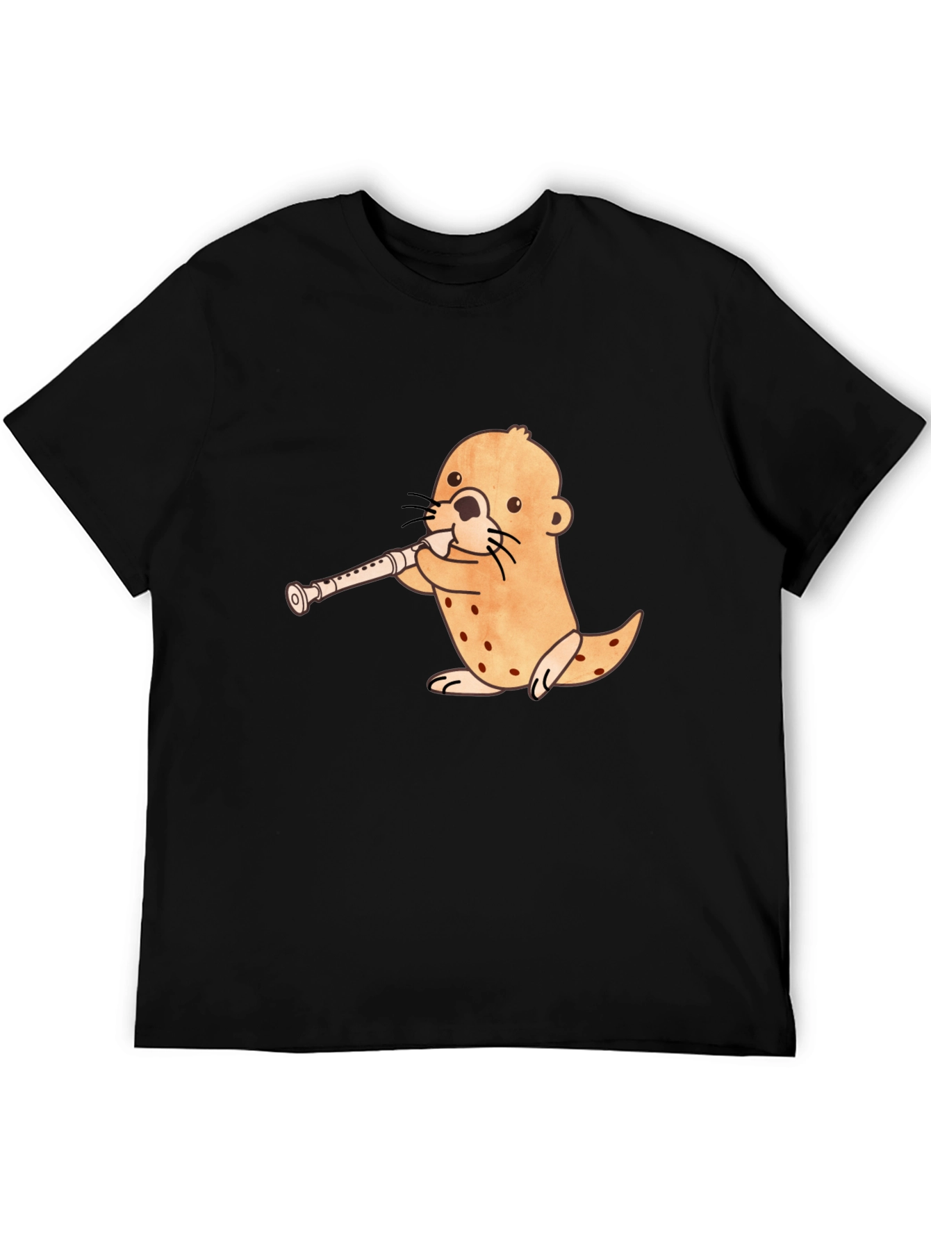 Black Funny Otter Playing Flute Black T-Shirt view 5