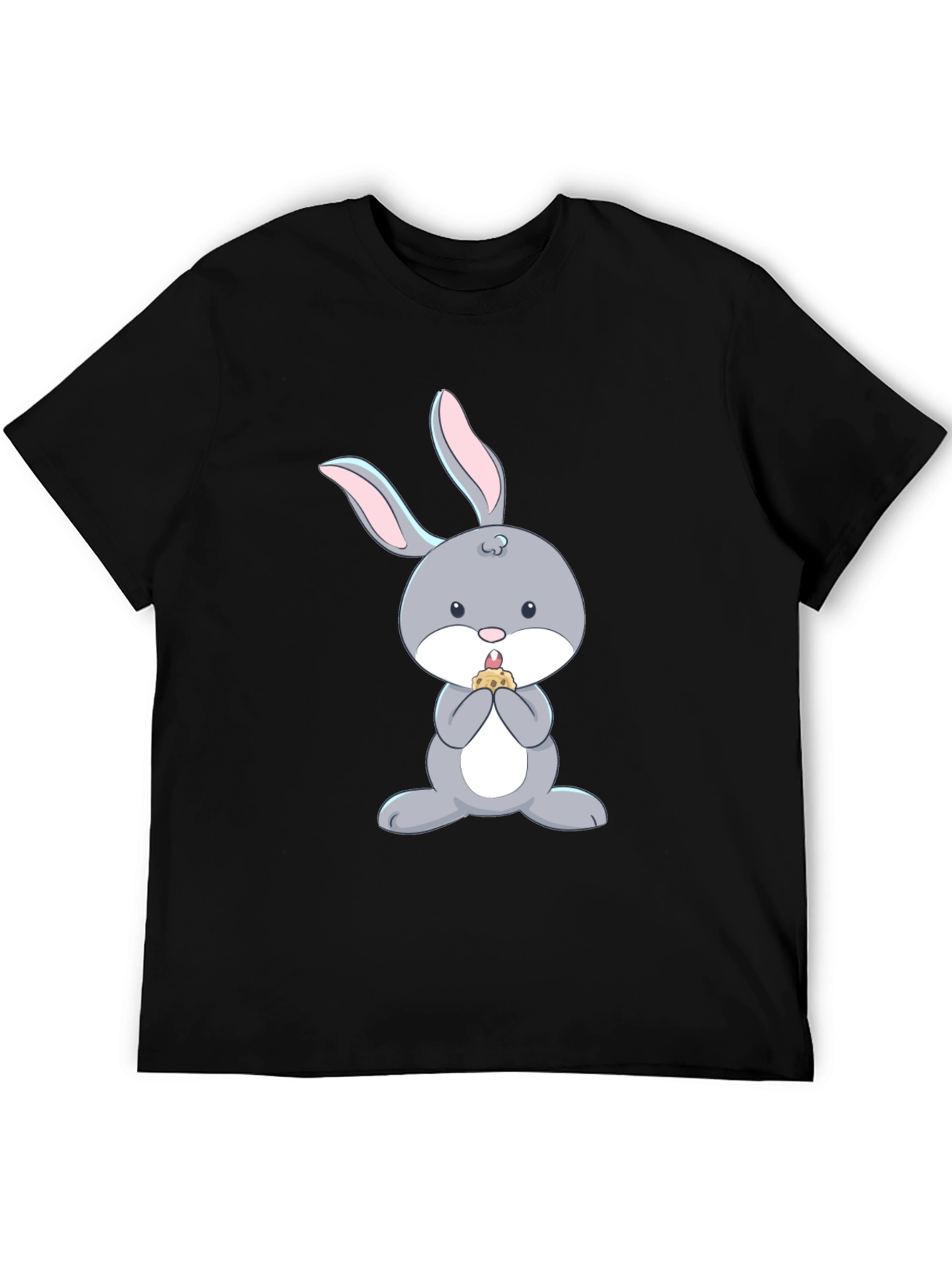 Black Cute Bunny Eating T-Shirt - Black Cotton Tee view 5