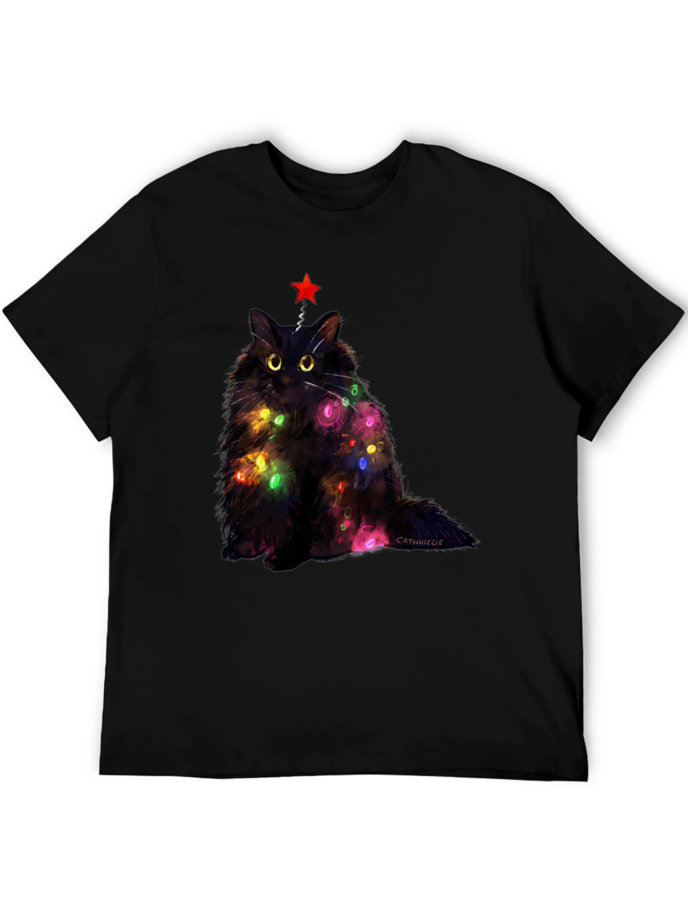 Black Festive Feline T-Shirt: Christmas Cat with Lights view 5