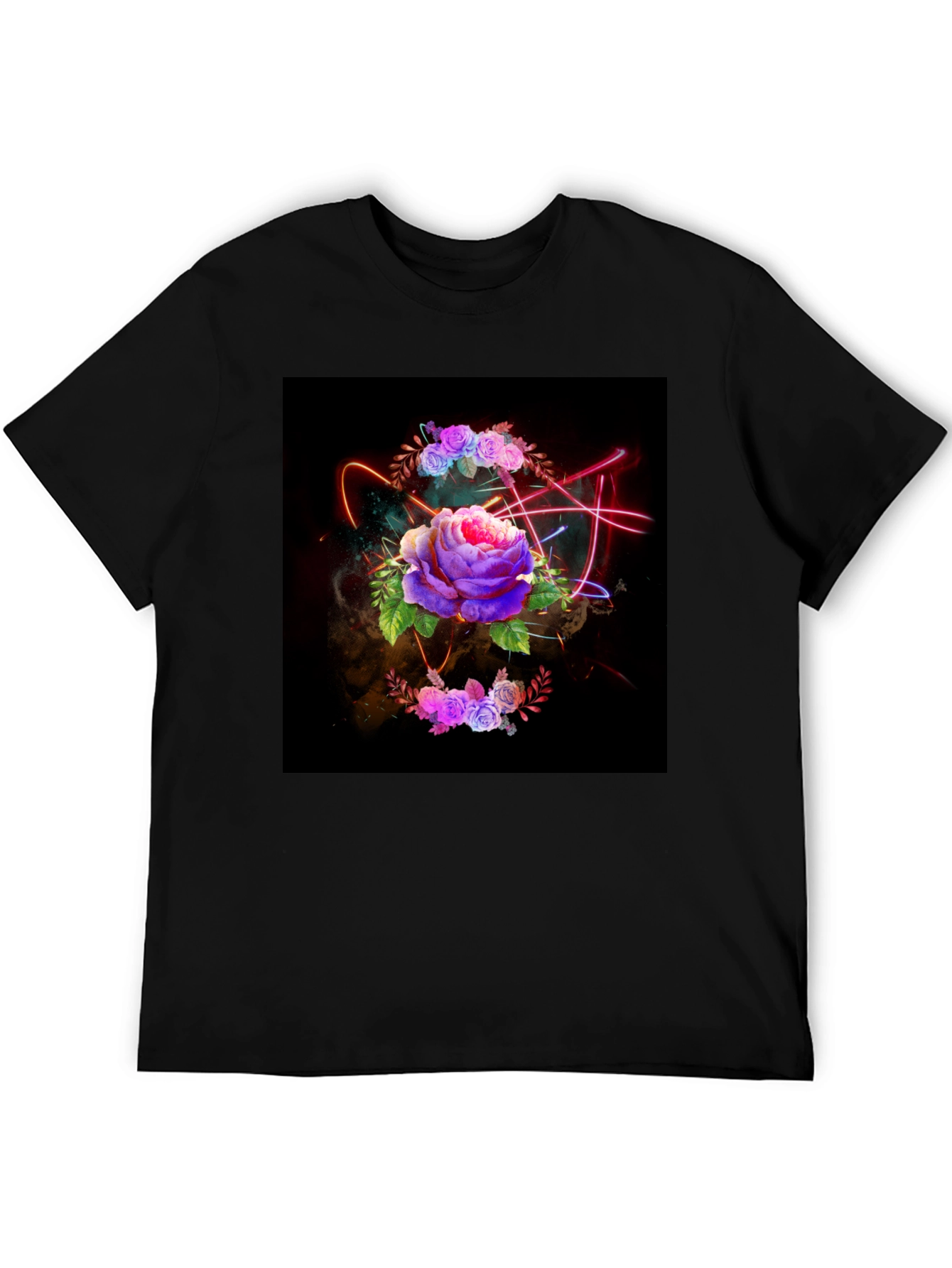 Black Floral Neon T-Shirt - Artistic Dark Design view 5