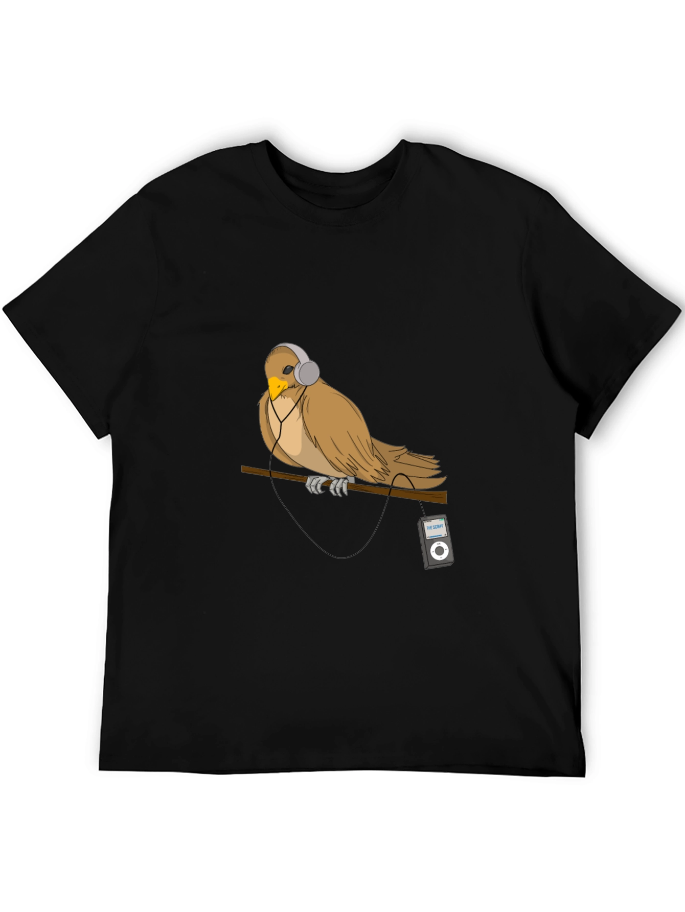 Black Bird with Headphones Graphic T-Shirt view 5
