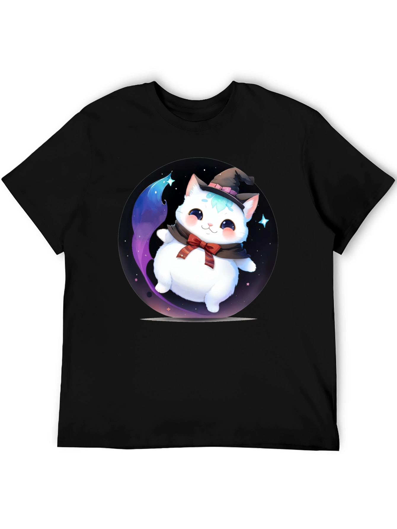 Black Cute Cat Wizard Graphic Tee - Soft Cotton Blend T-Shirt view 5
