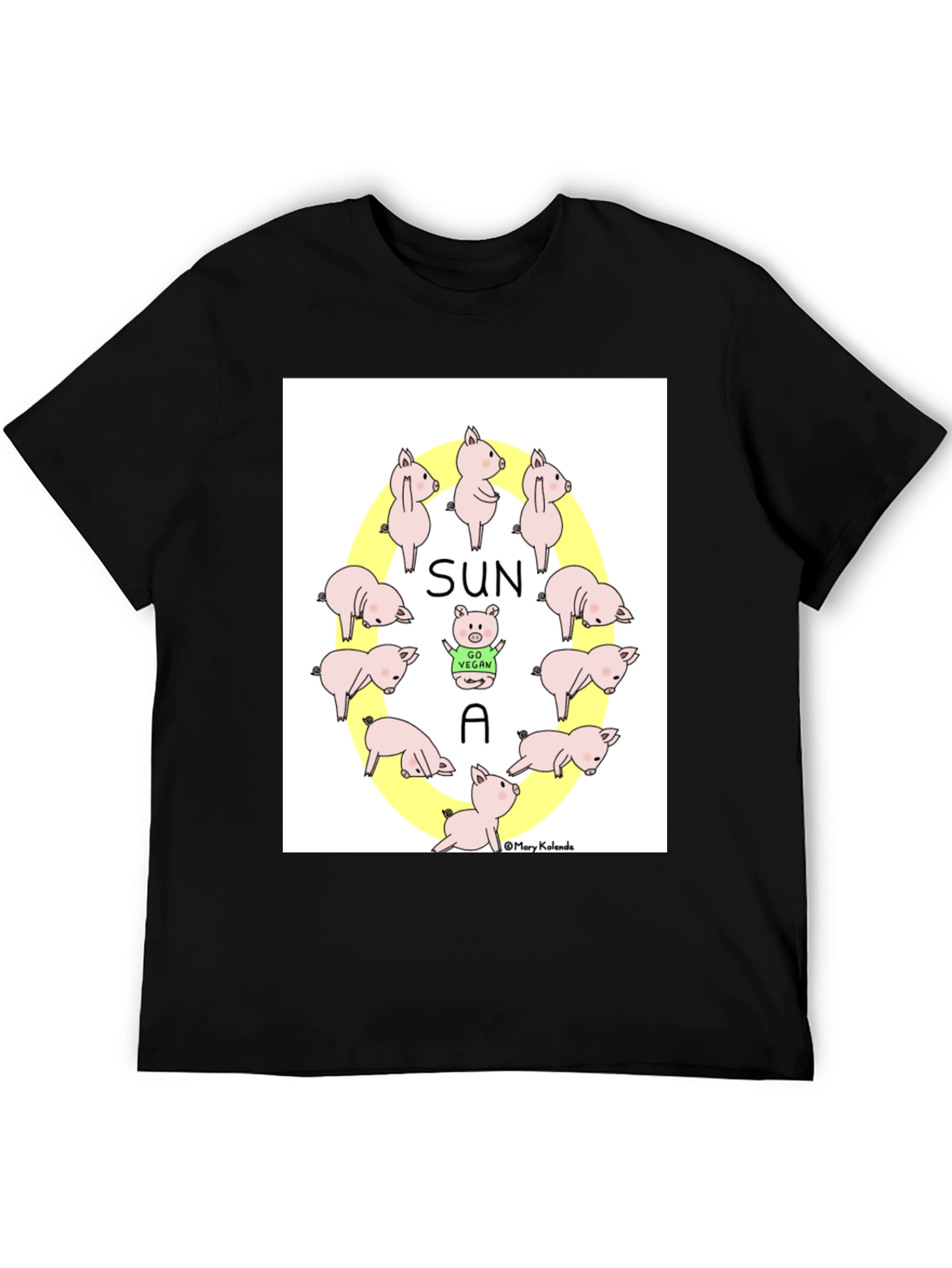 Black Cute Vegan Pig T-Shirt - Sun A Vegan Pun Tee view 5
