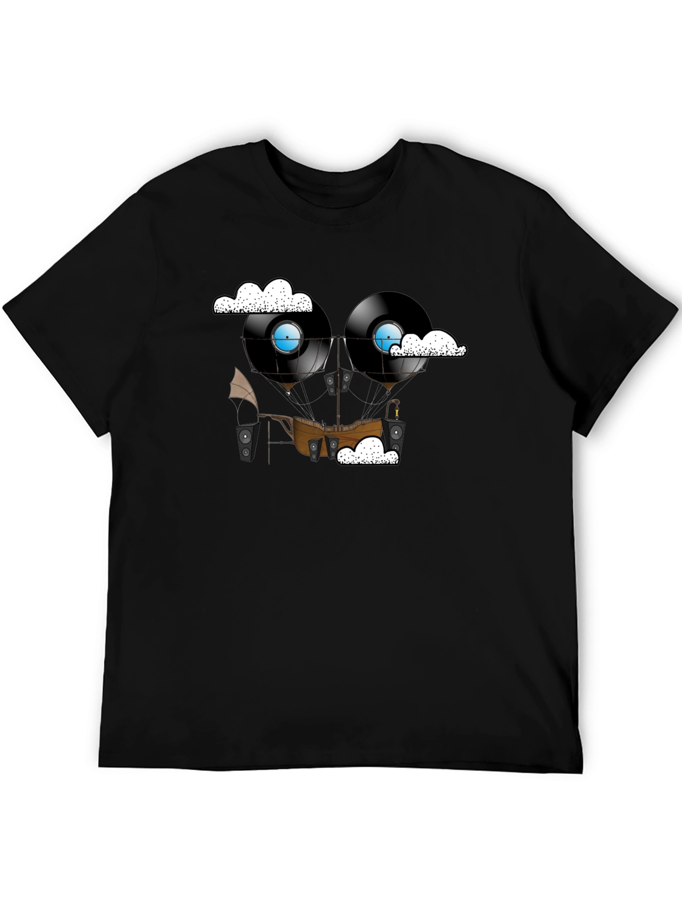 Black Steampunk Vinyl Record Airship Graphic Tee view 5