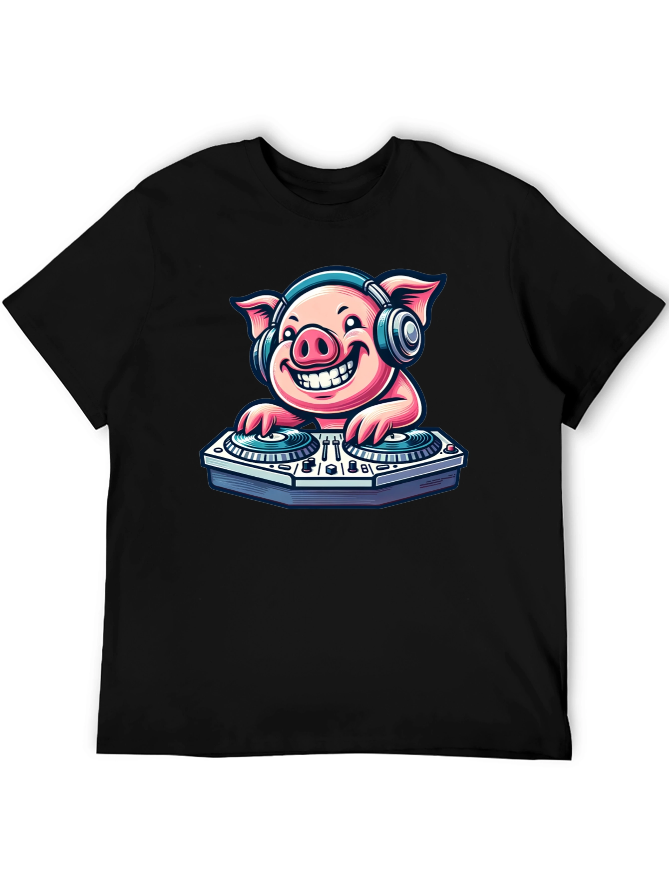 Black DJ Pig Graphic Tee - Cool Cartoon Pig T-Shirt view 5