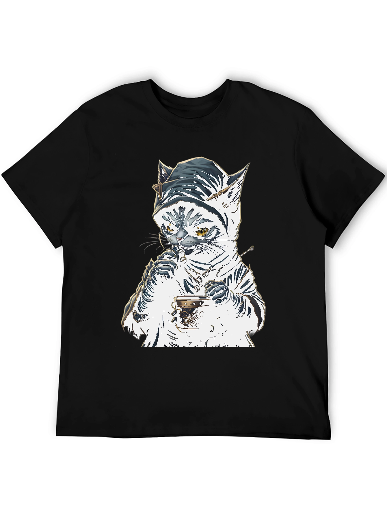 Black Cat T-Shirt: Sophisticated Feline Tea Time view 5