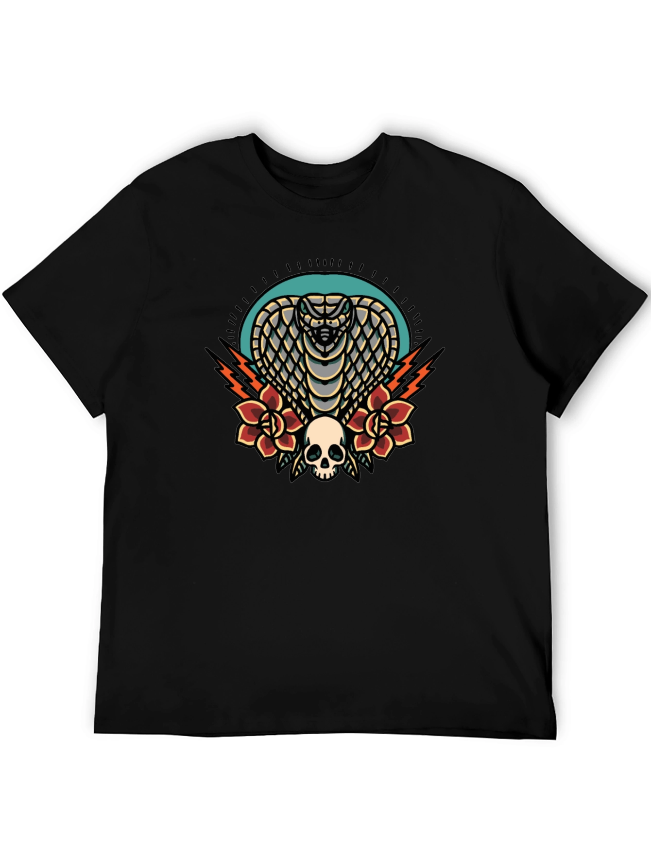 Black Cobra Skull Rose Graphic Tee - Black Cotton T-Shirt view 5