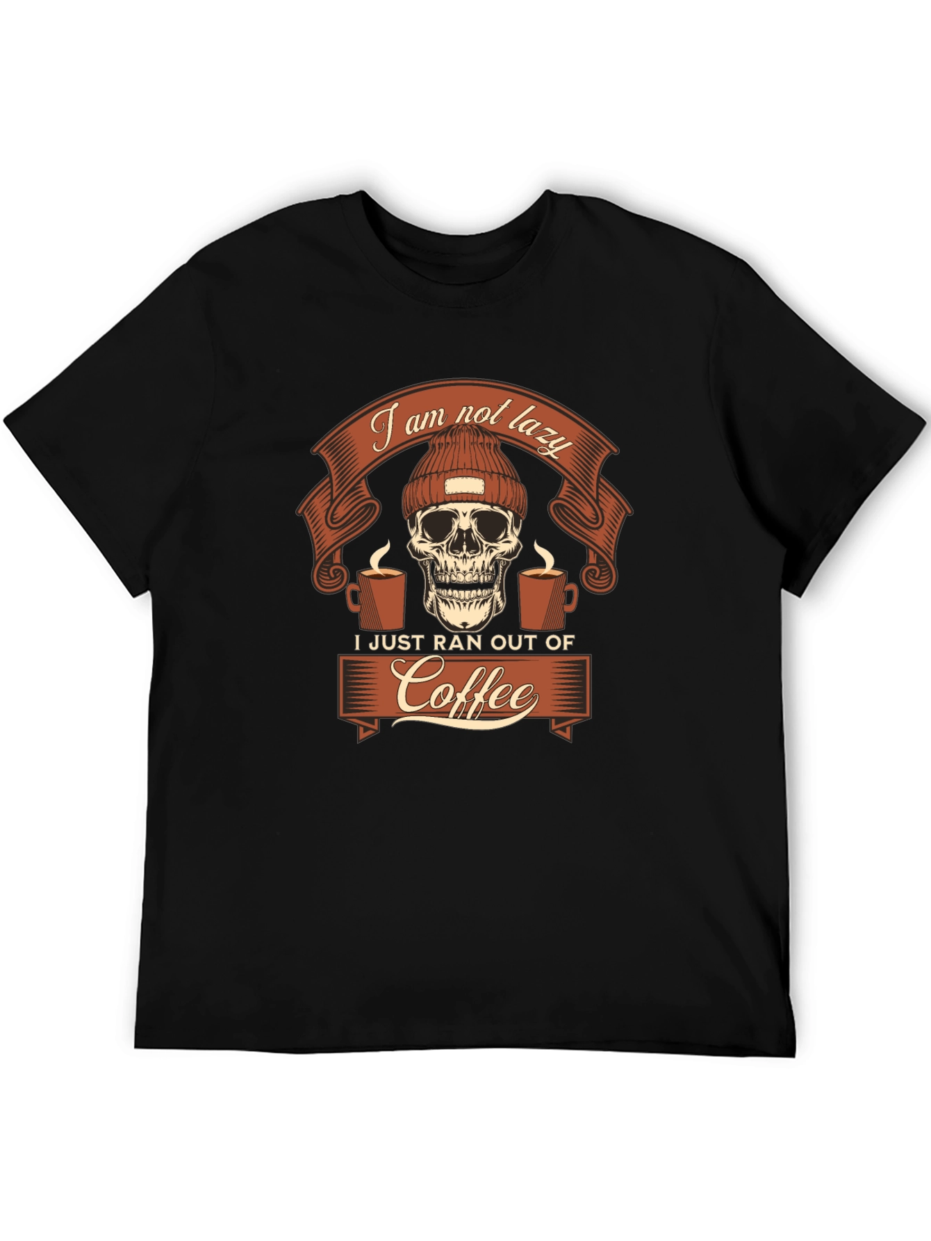 Black Funny Coffee Skull Graphic Tee - I Am Not Lazy T-Shirt view 5