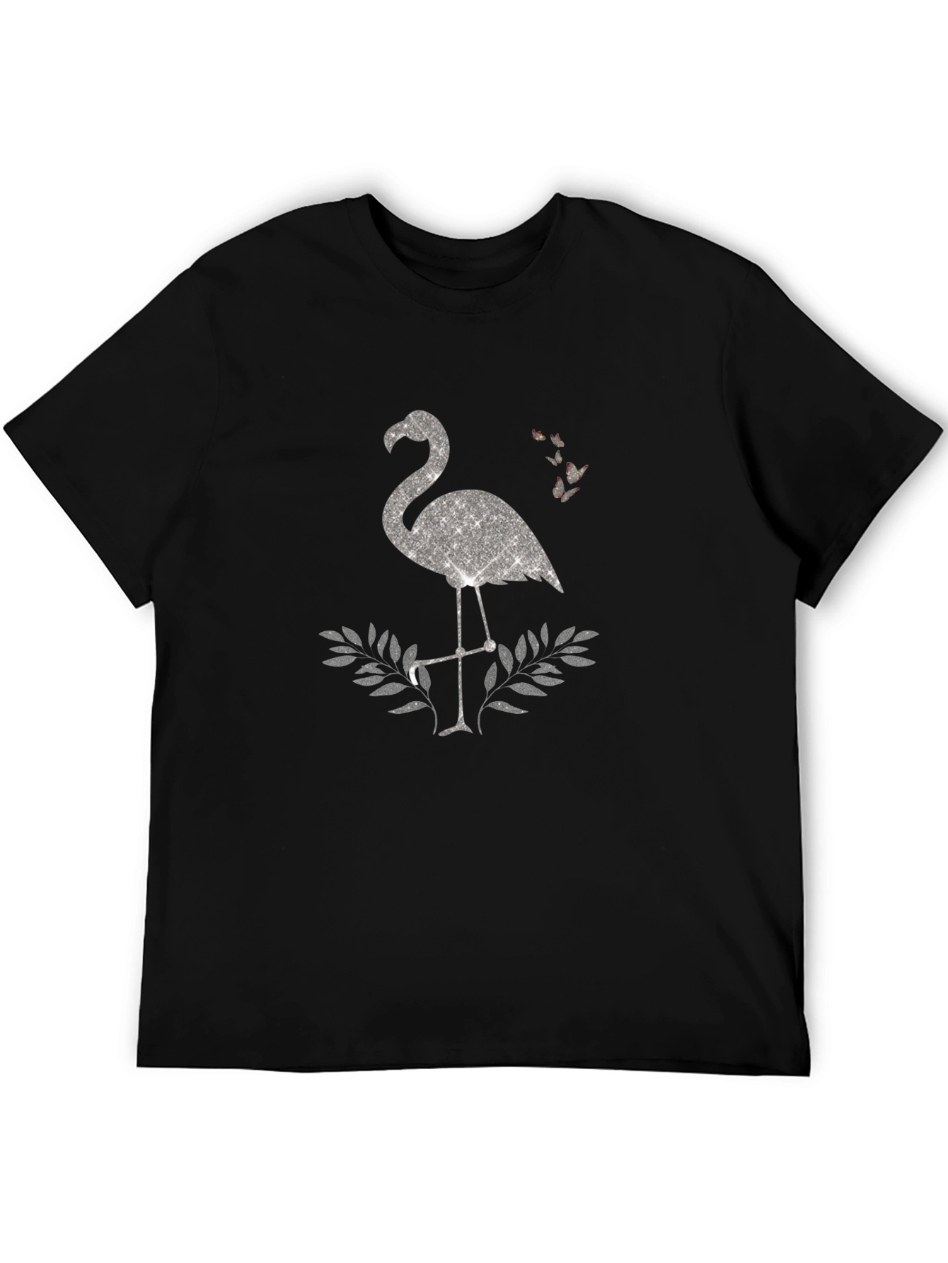 Black Sparkly Flamingo Graphic Tee - Black Cotton Shirt view 5