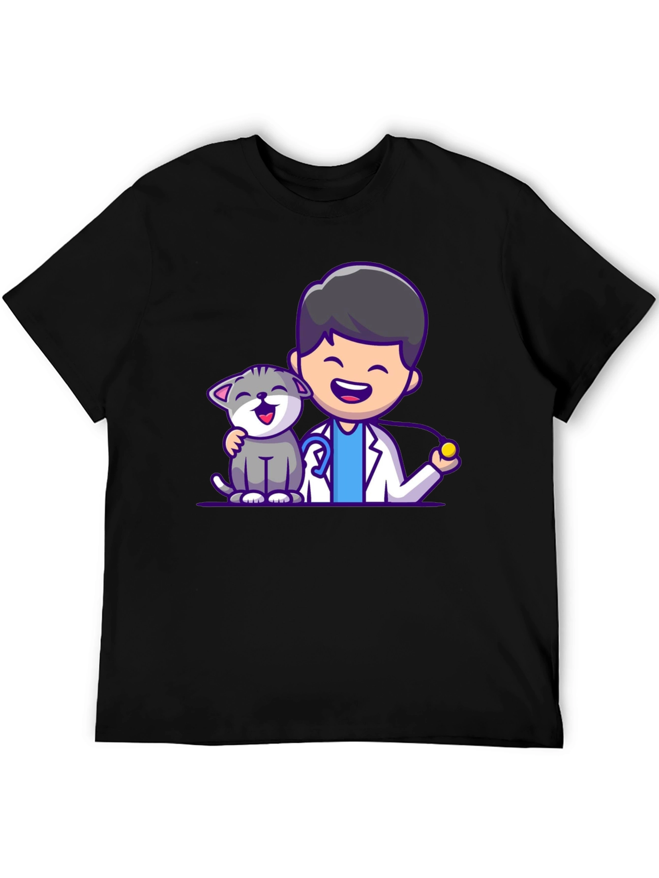Black Vet & Cat Cartoon T-Shirt - Black view 5