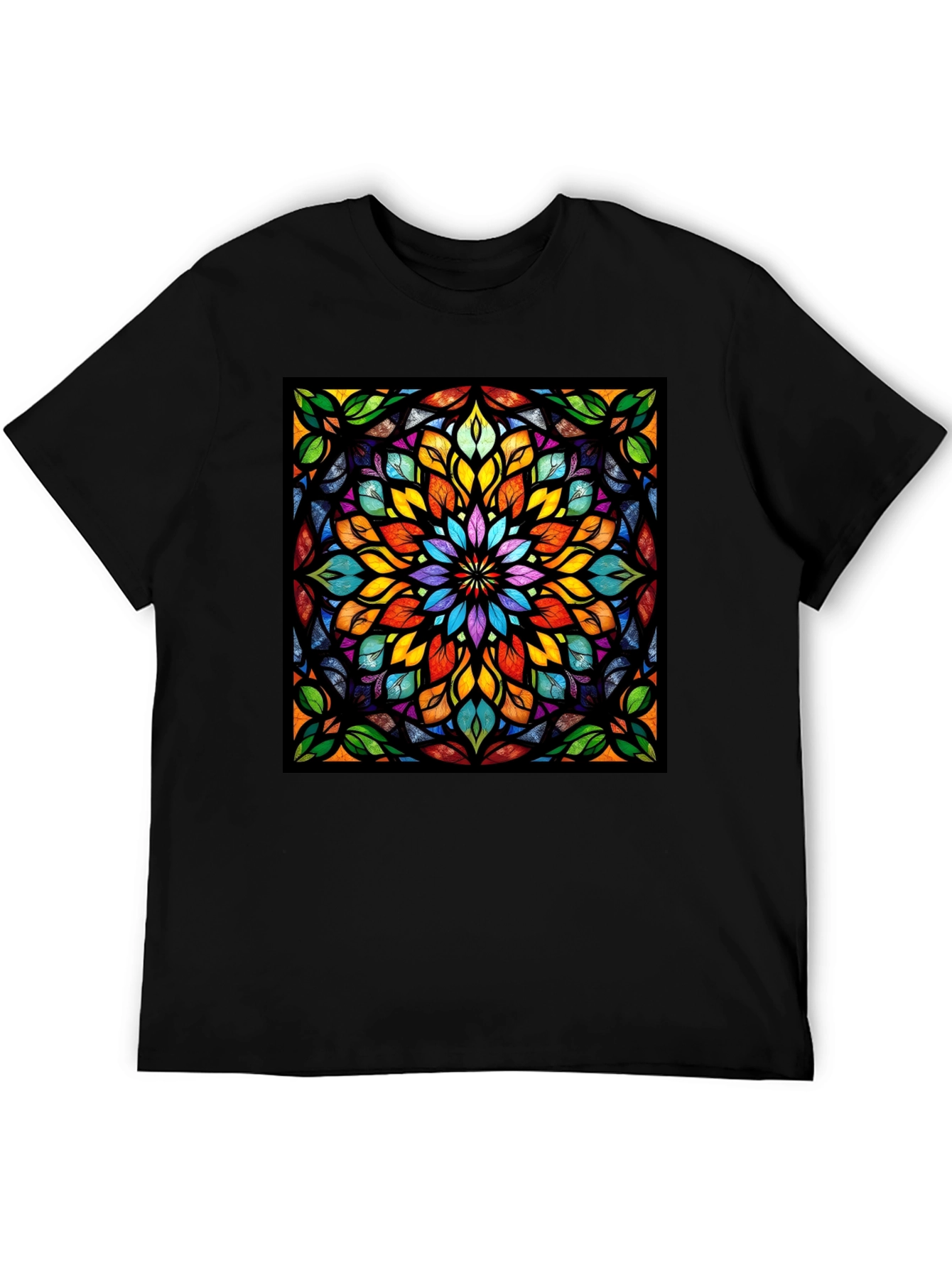 Black Kaleidoscope Stained Glass Design Black T-Shirt view 5