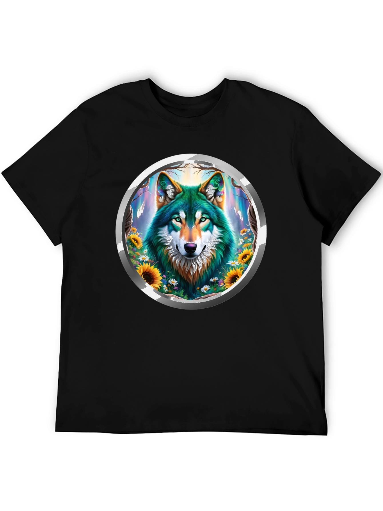 Black Wolf Circle Graphic Tee - Nature Inspired Design view 5