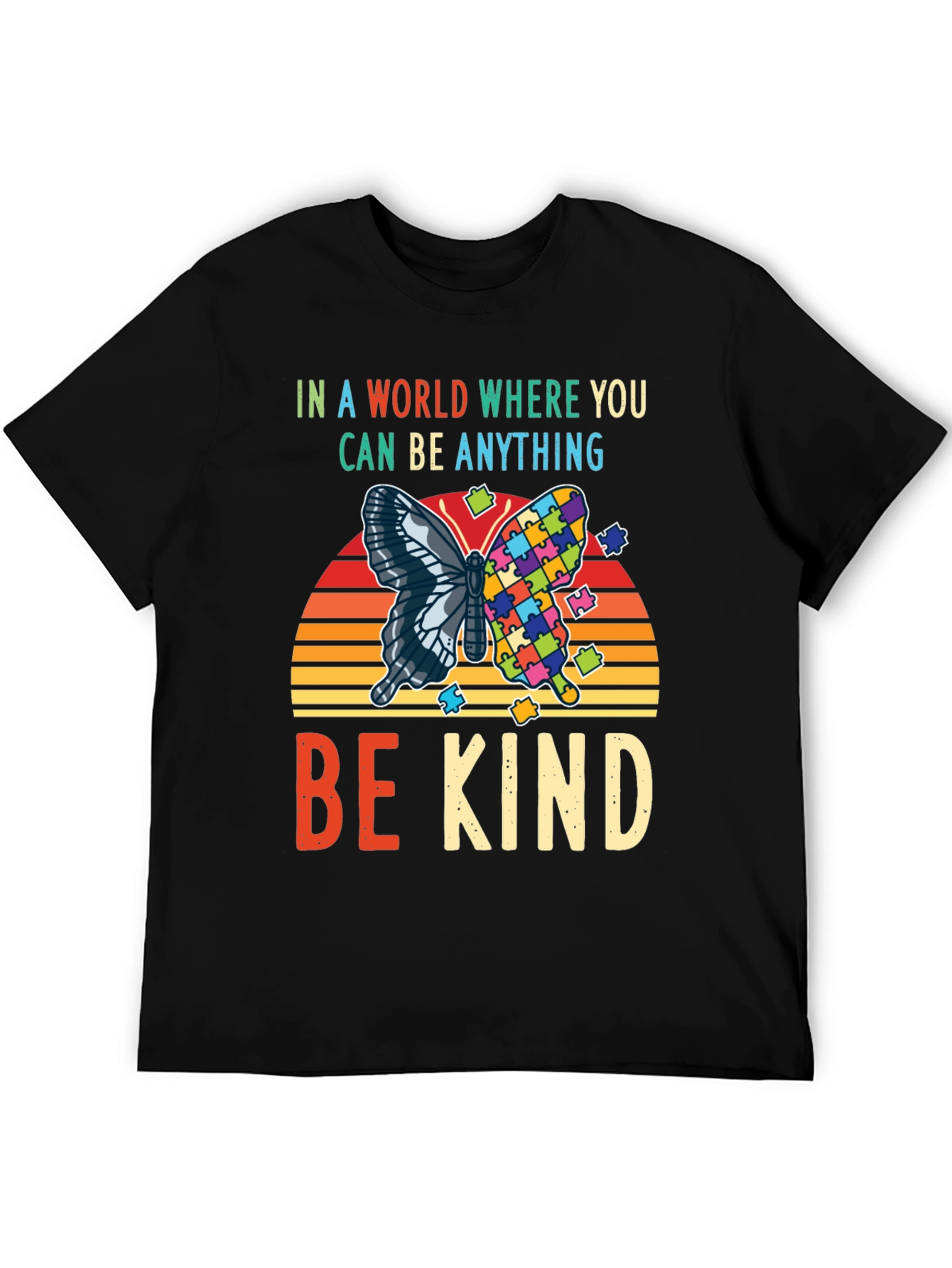 Black Be Kind Autism Awareness Butterfly T-Shirt view 5