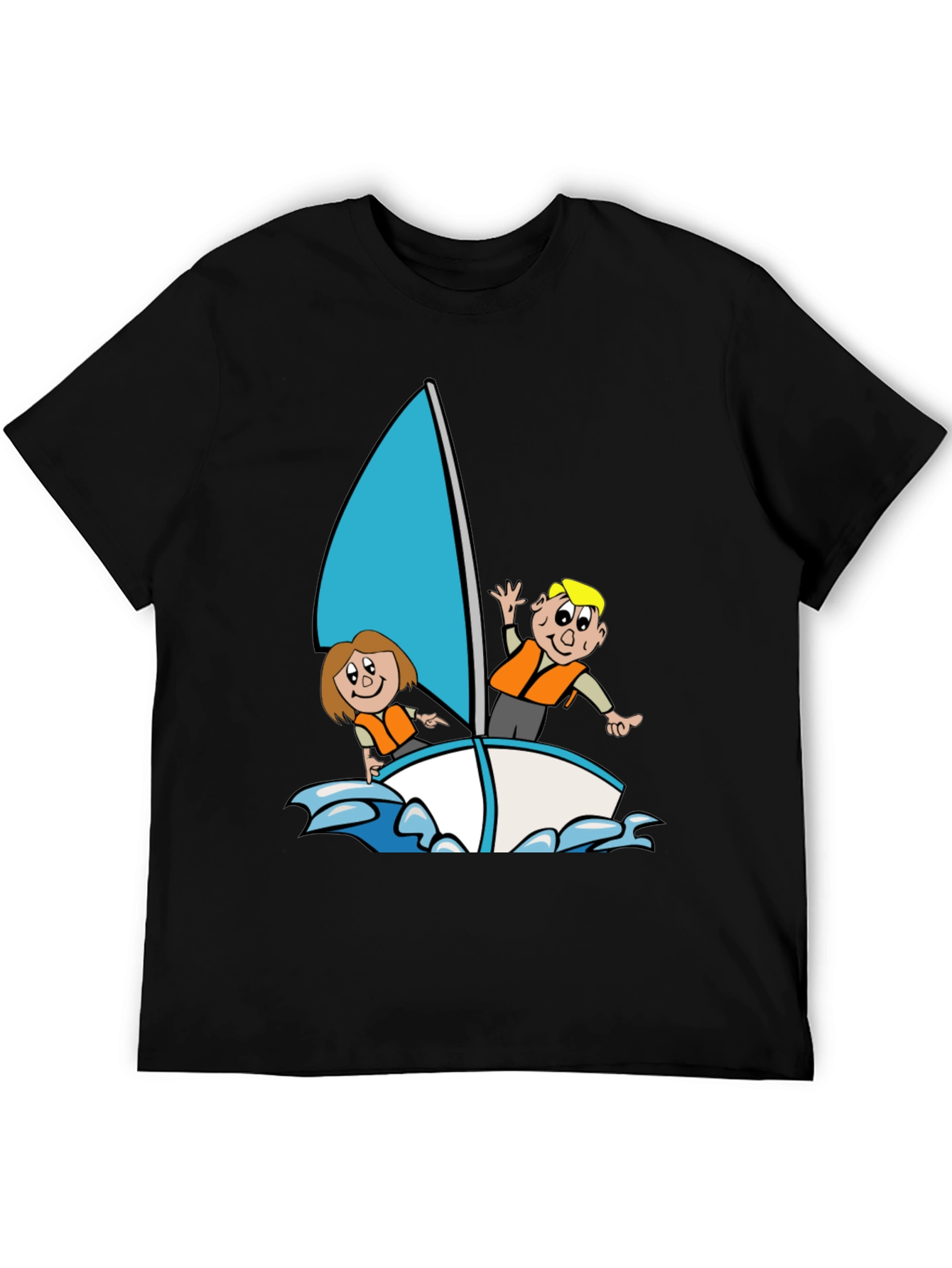 Black Cartoon Sailboat Graphic T-Shirt - Black Crew Neck view 5