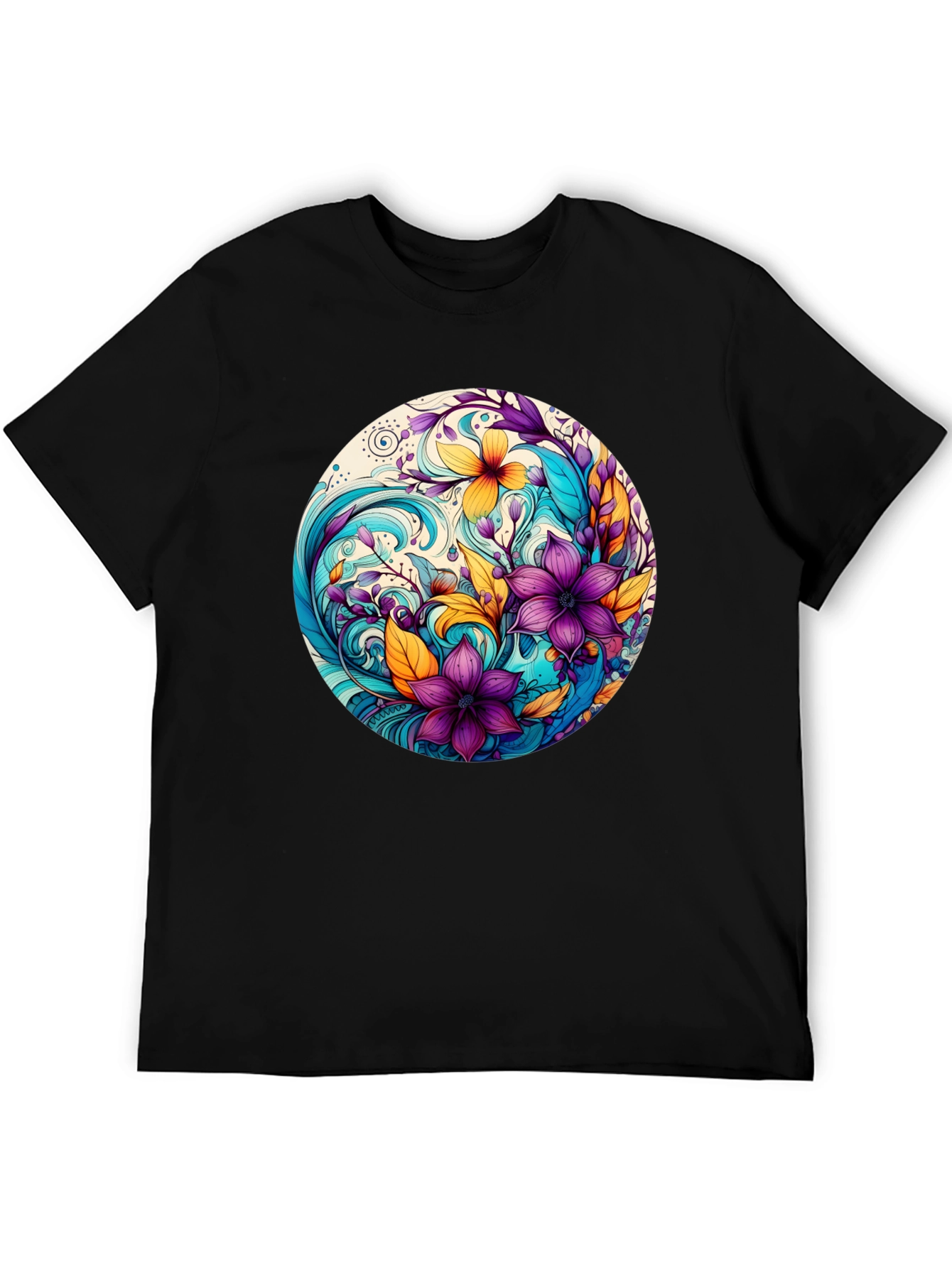 Black Floral Swirl Graphic Black T-Shirt view 5