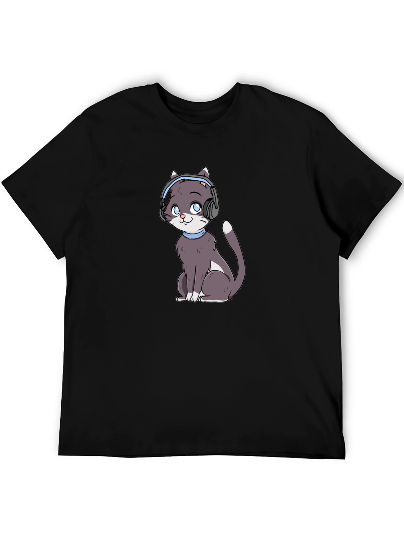 Black Cat with Headphones Black T-Shirt view 5