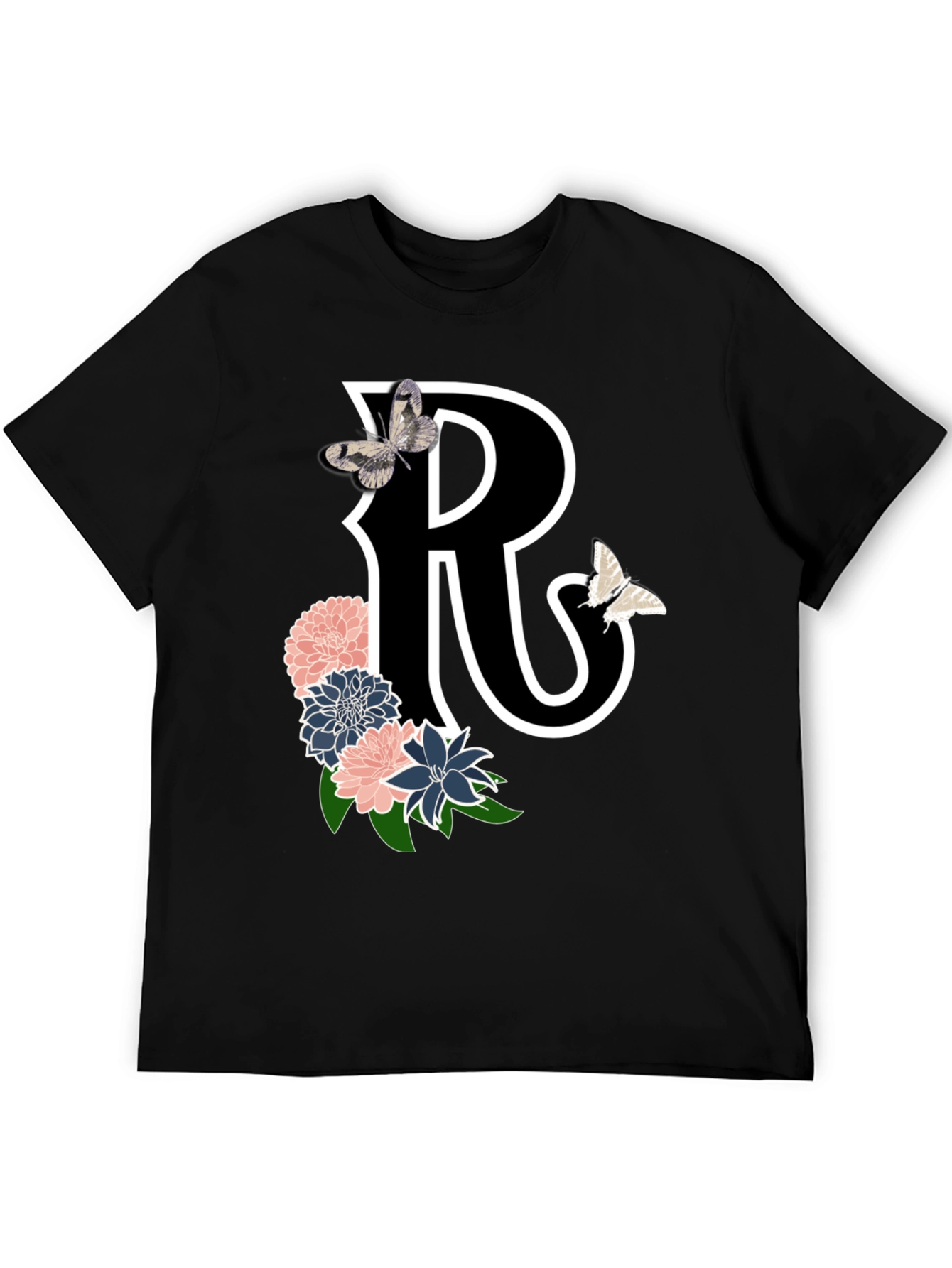 Black Letter R Floral Butterfly Black T-Shirt view 5