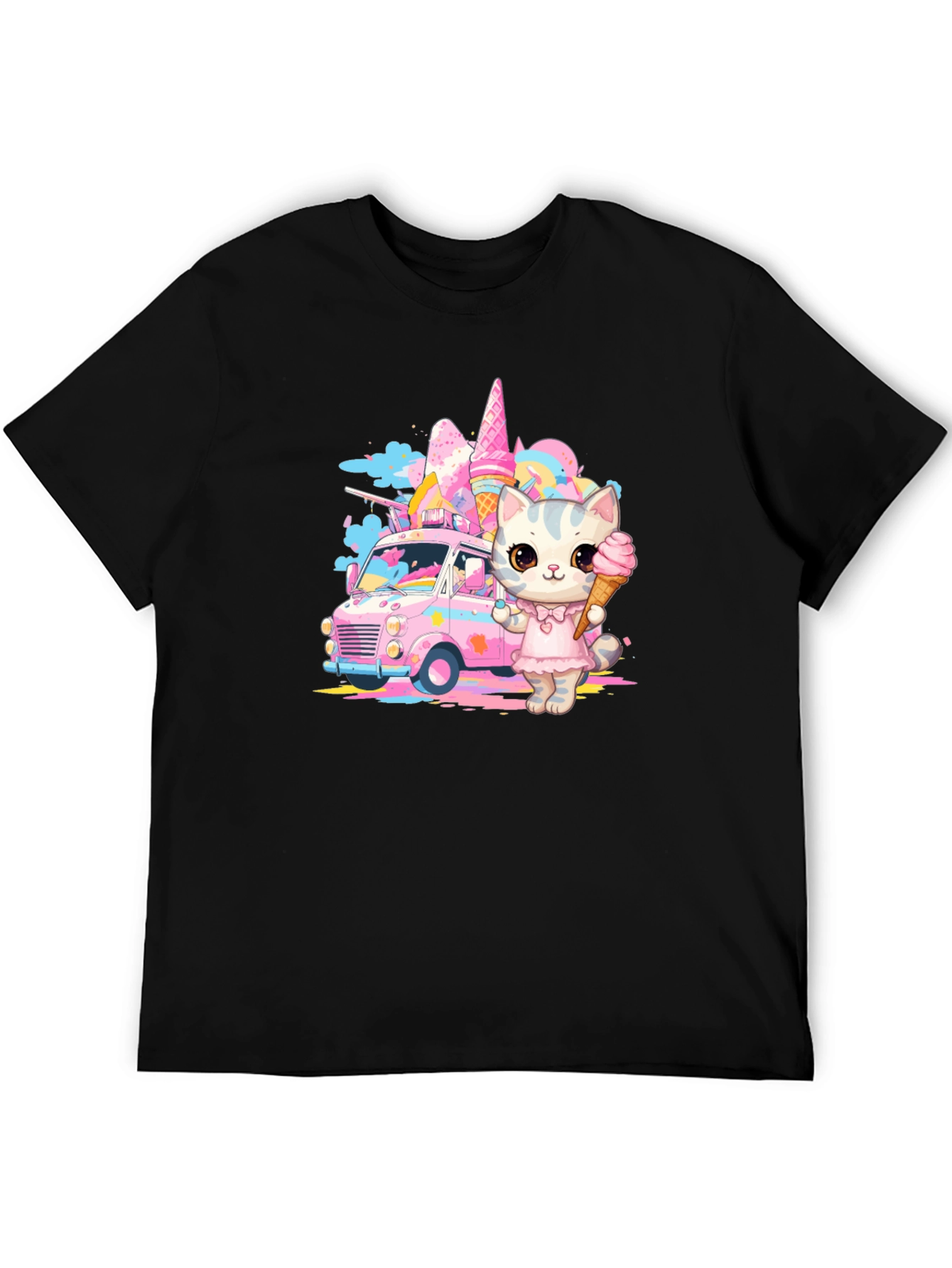 Black Cute Cat Ice Cream Truck Graphic T-Shirt view 5