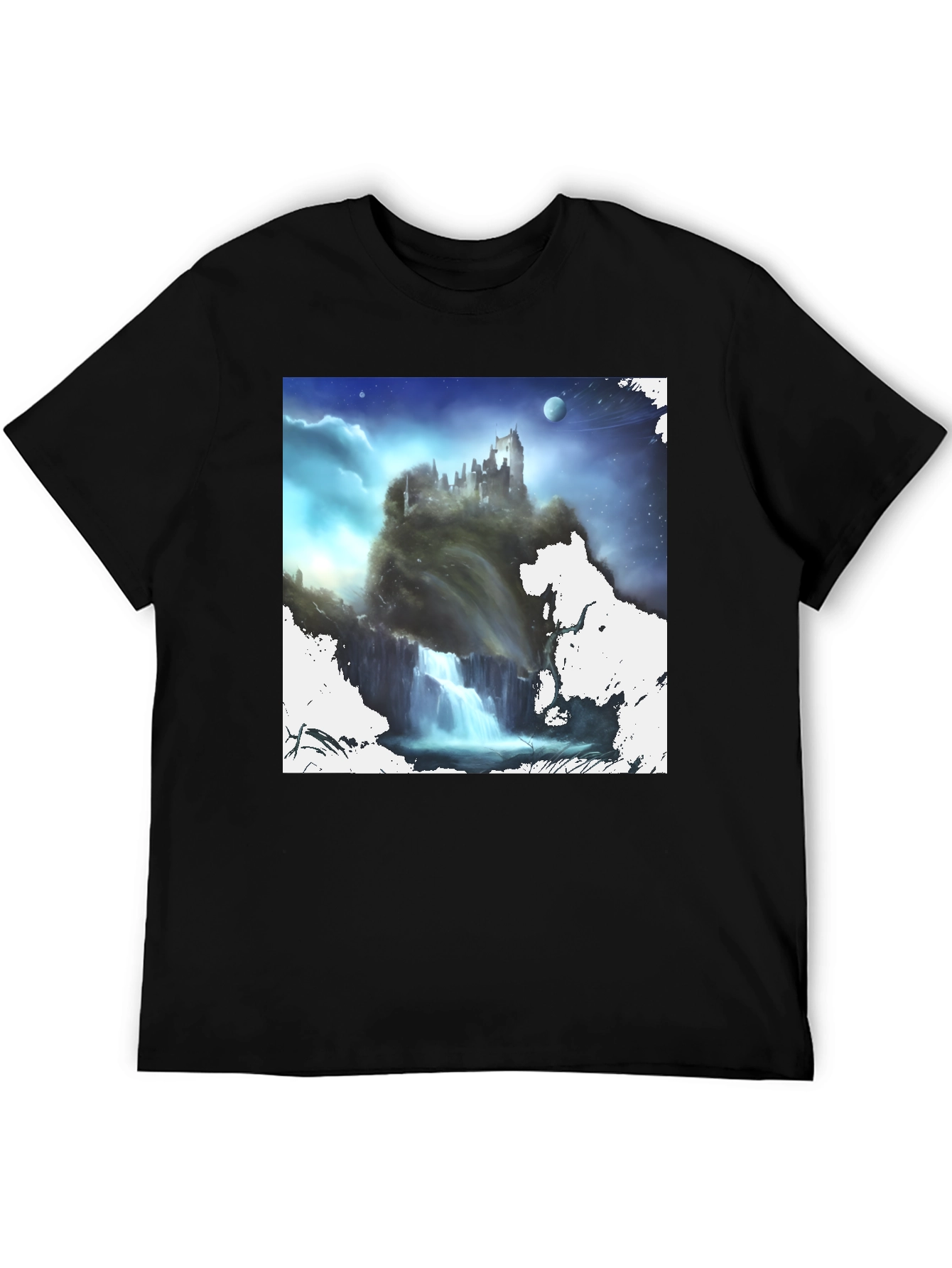 Black Fantasy Castle Waterfall Graphic Black T-Shirt view 5