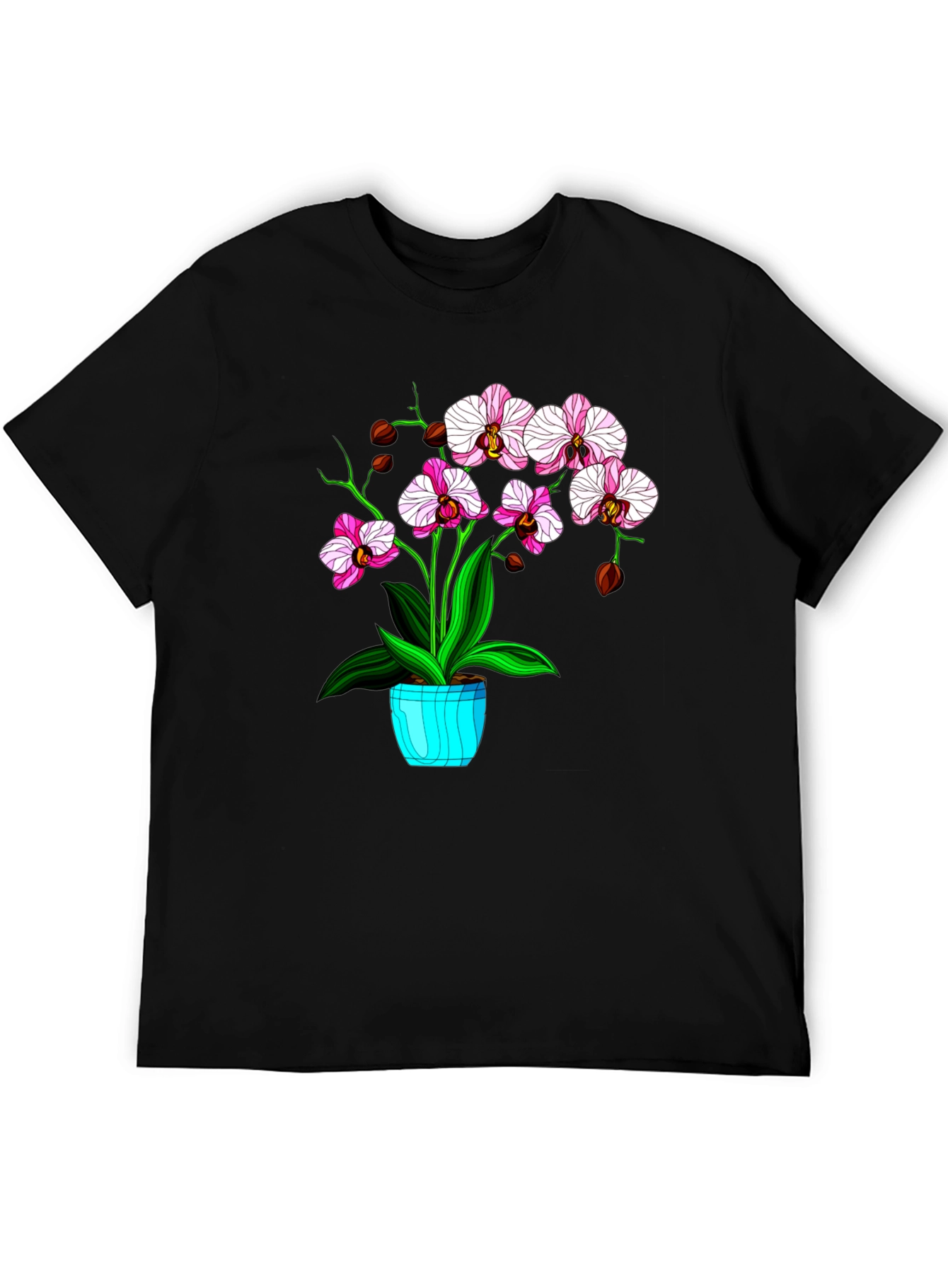 Black Floral T-Shirt with Orchid Plant Graphic view 5