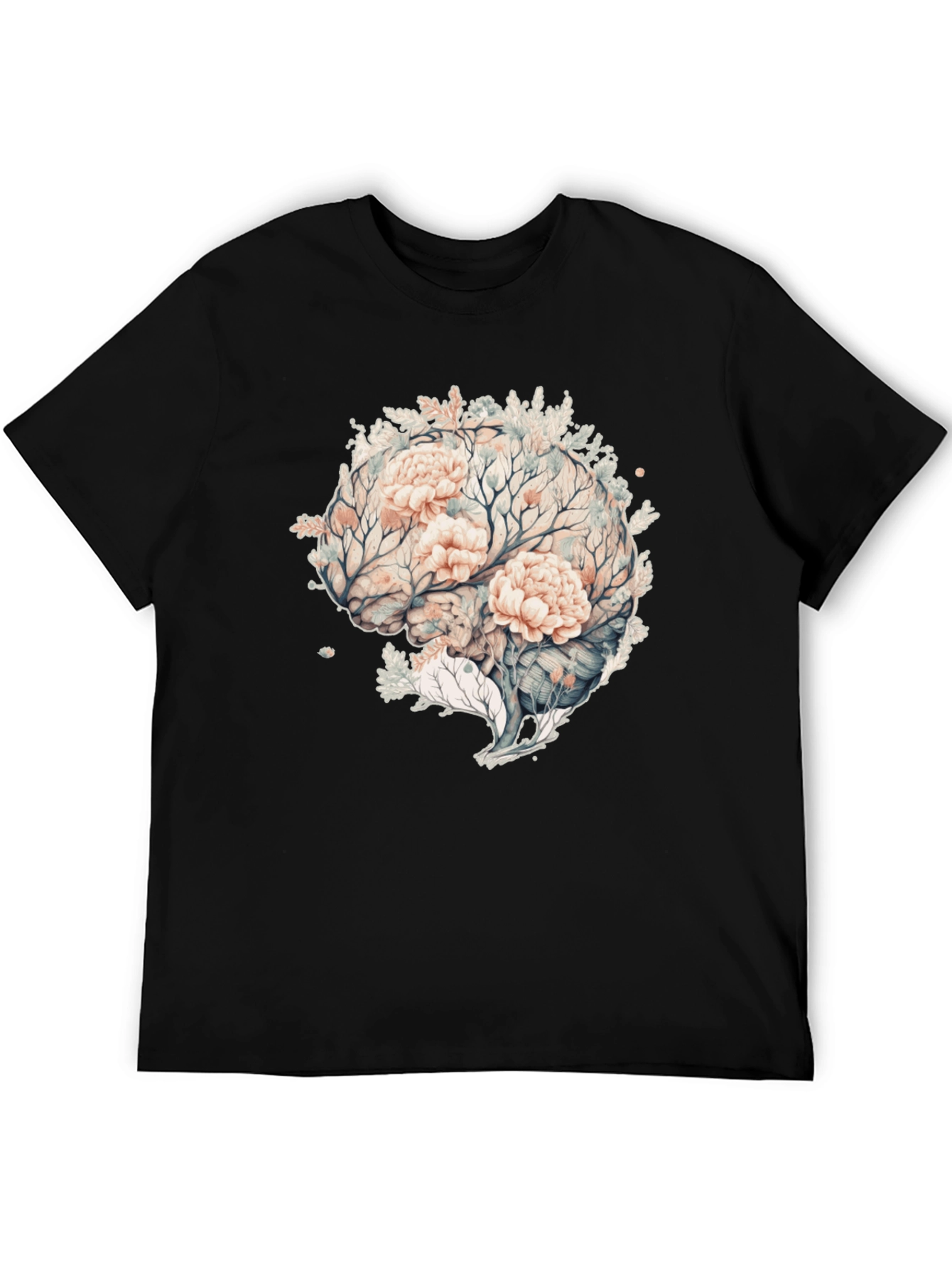 Black Floral Brain Graphic Tee - Unique Mens Black T-Shirt view 5