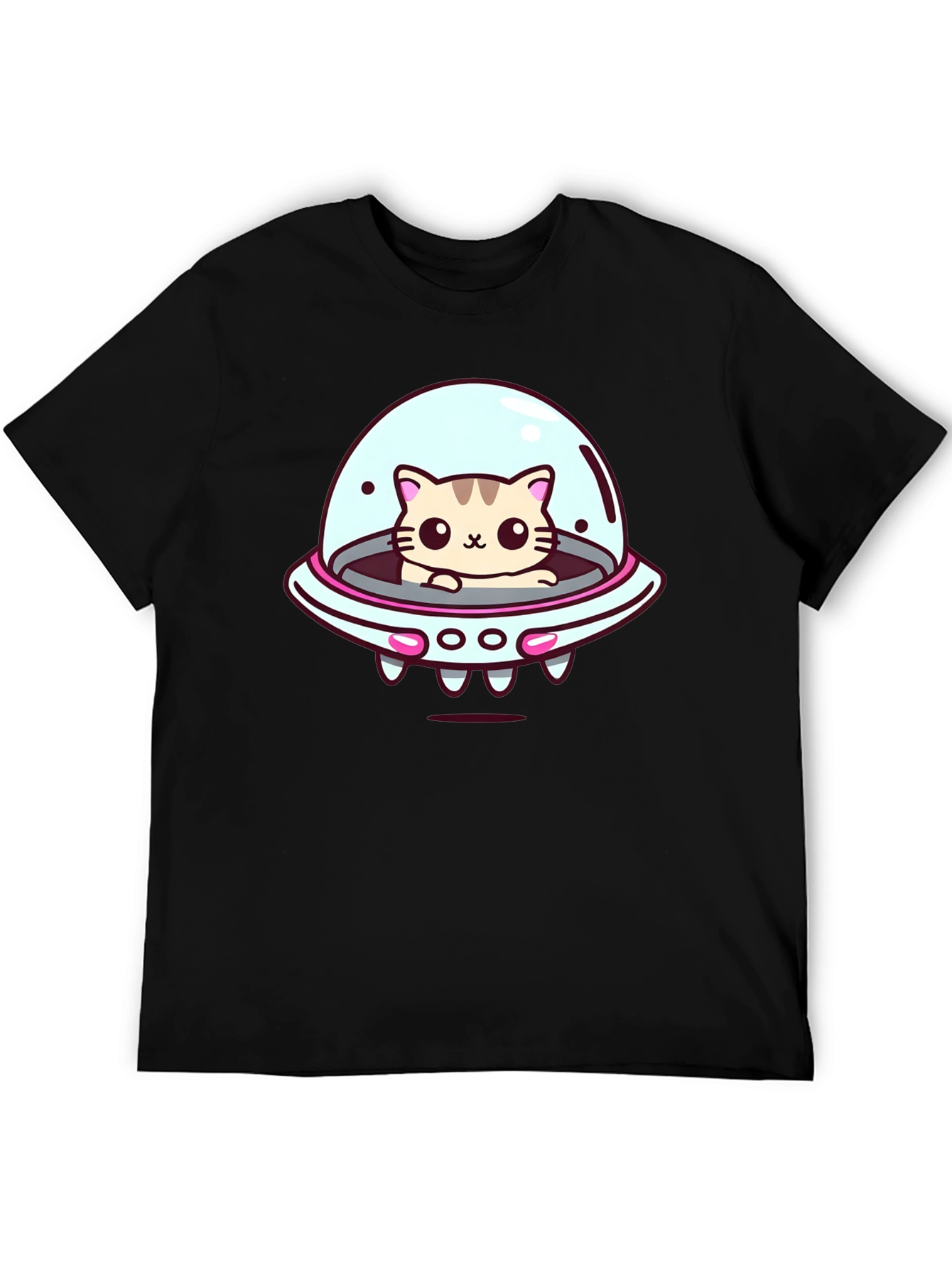 Black Cute Cat UFO Graphic T-Shirt - Black Cotton Tee view 5