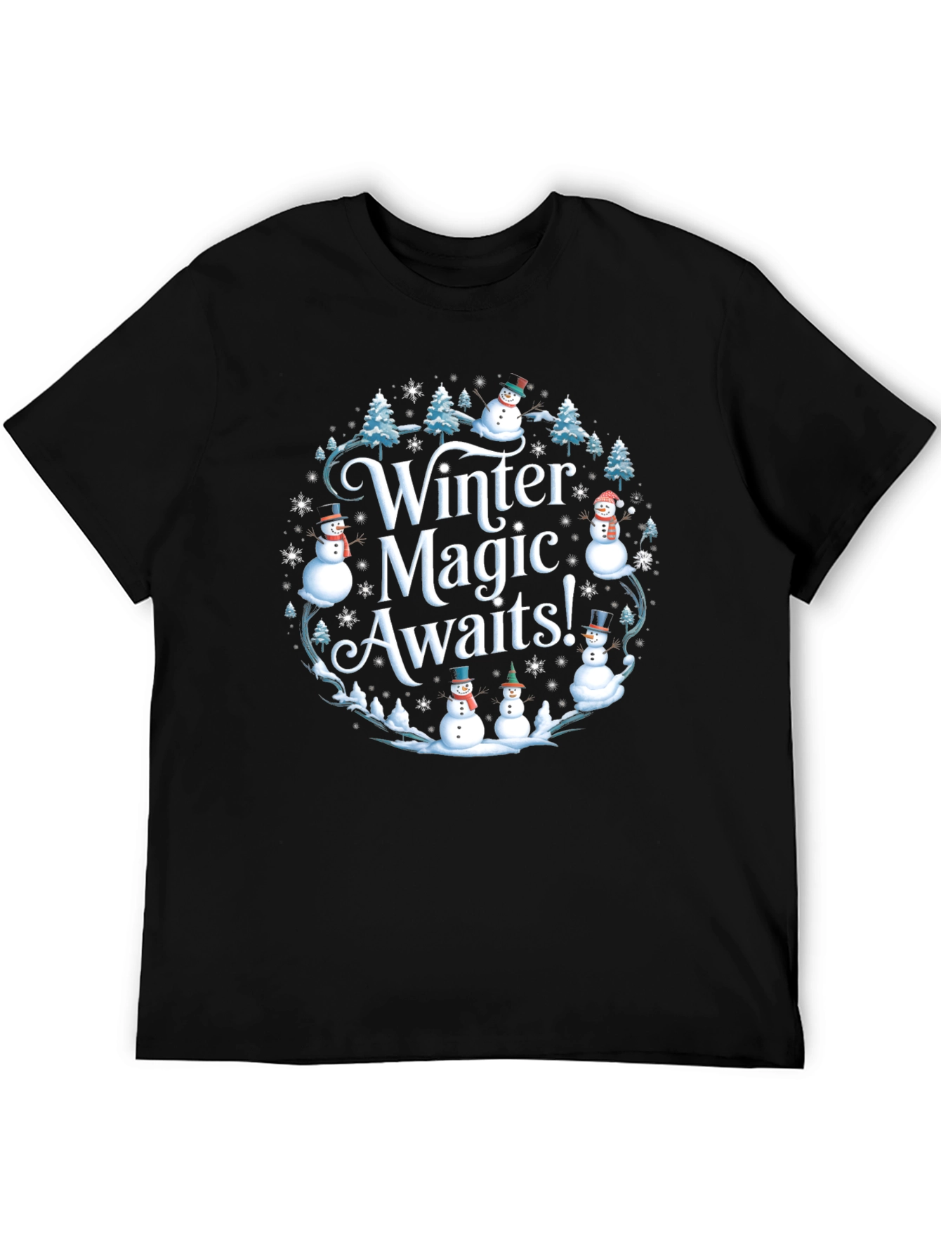 Black Winter Magic Snowman Holiday T-Shirt view 5