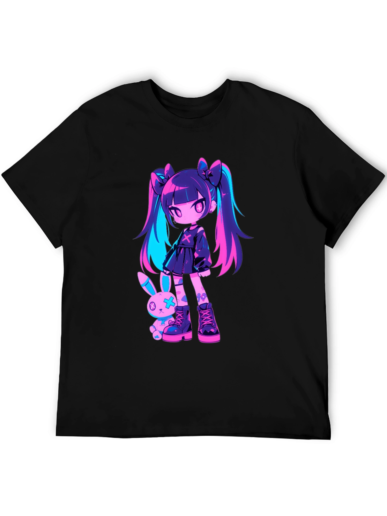 Black Anime Girl & Bunny Black T-Shirt view 5