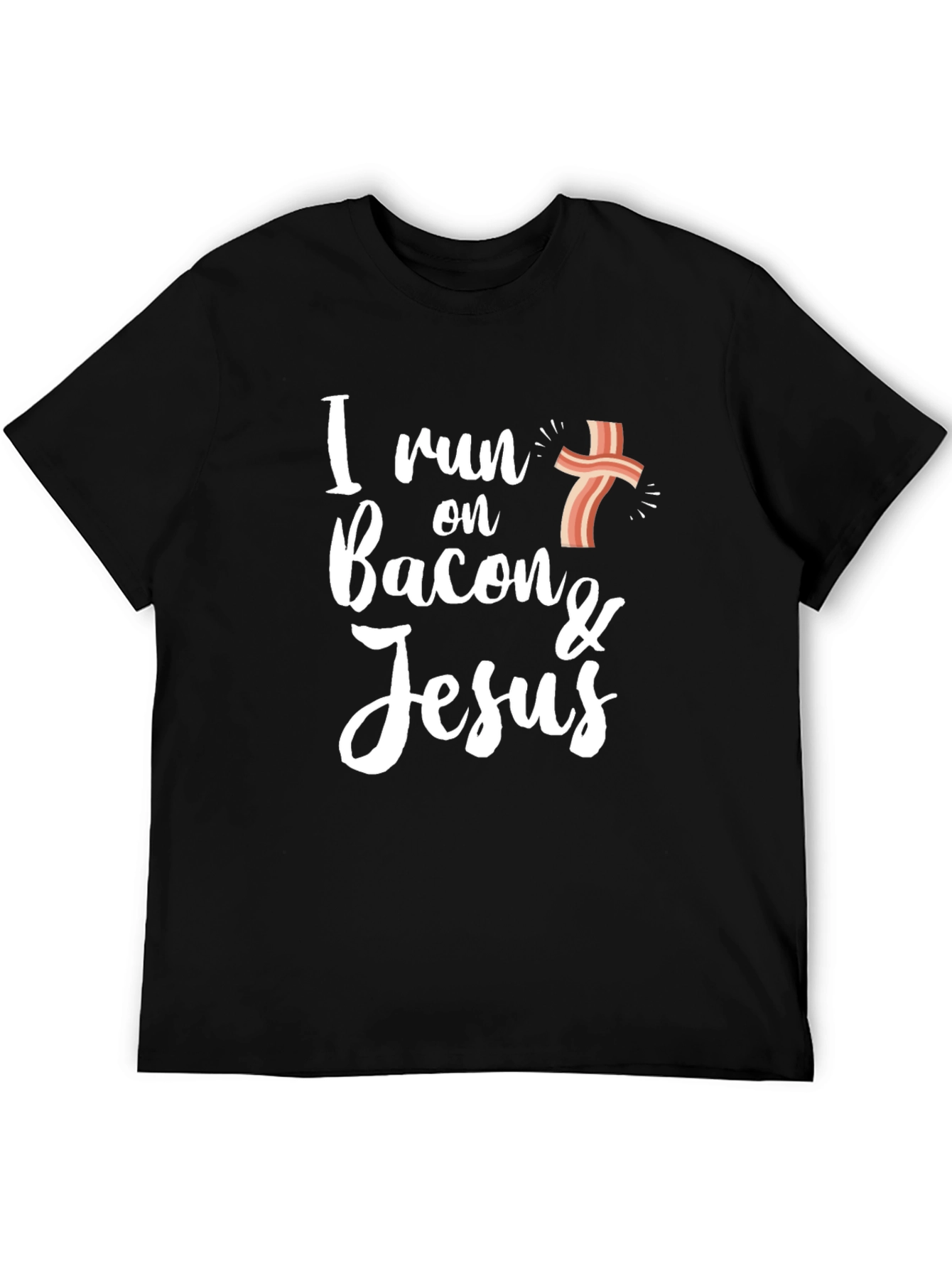Black I Run on Bacon & Jesus Black Graphic T-Shirt view 5