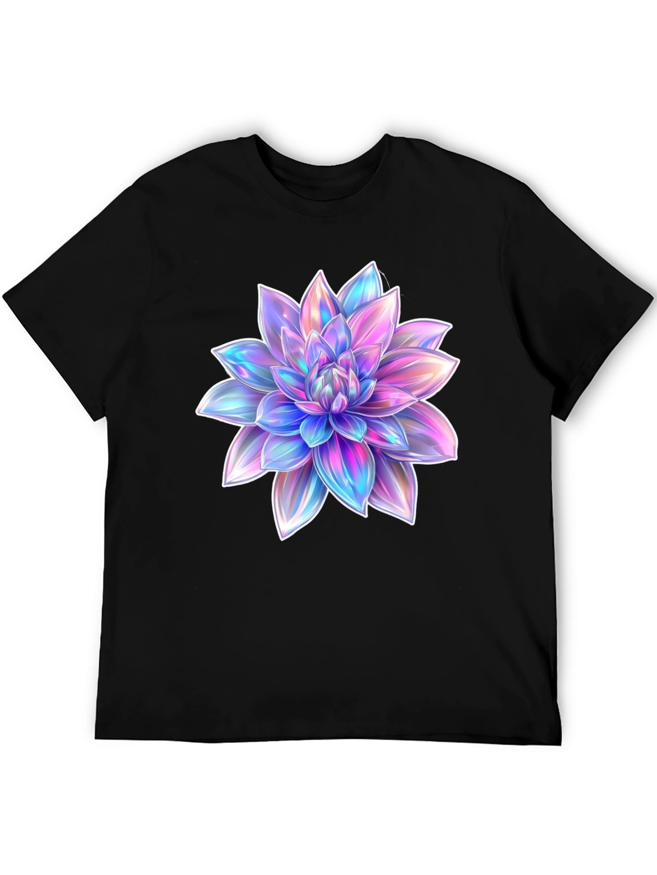 Black Men's Black T-Shirt with Holographic Flower Design view 5