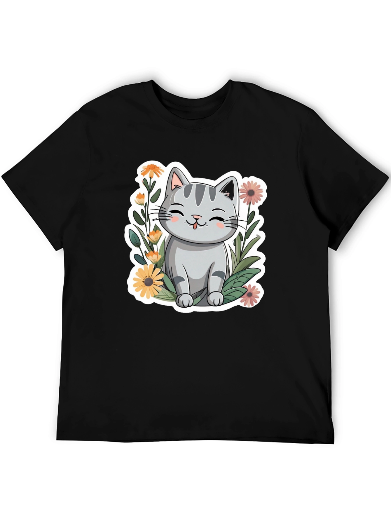 Black Cute Cat in Flowers Black T-Shirt view 5