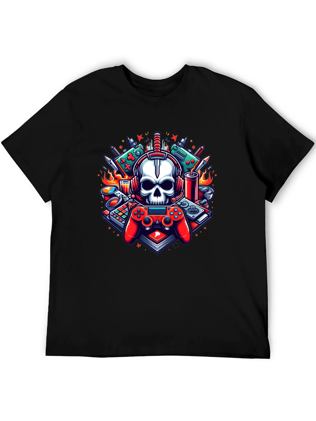 Black Gamer Skull Graphic T-Shirt - Cool Design! view 5