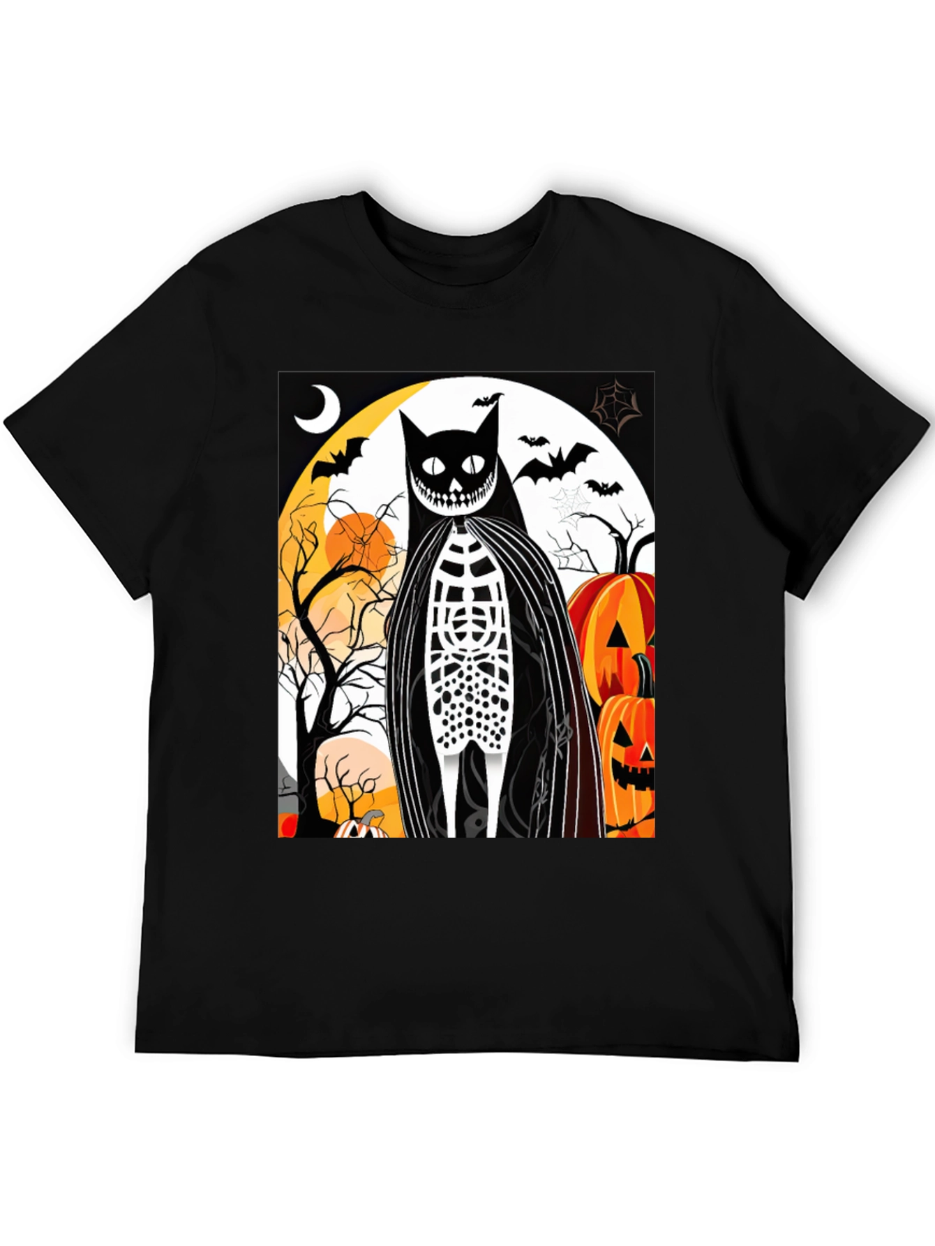 Black Halloween Cat Skeleton Graphic T-Shirt view 5