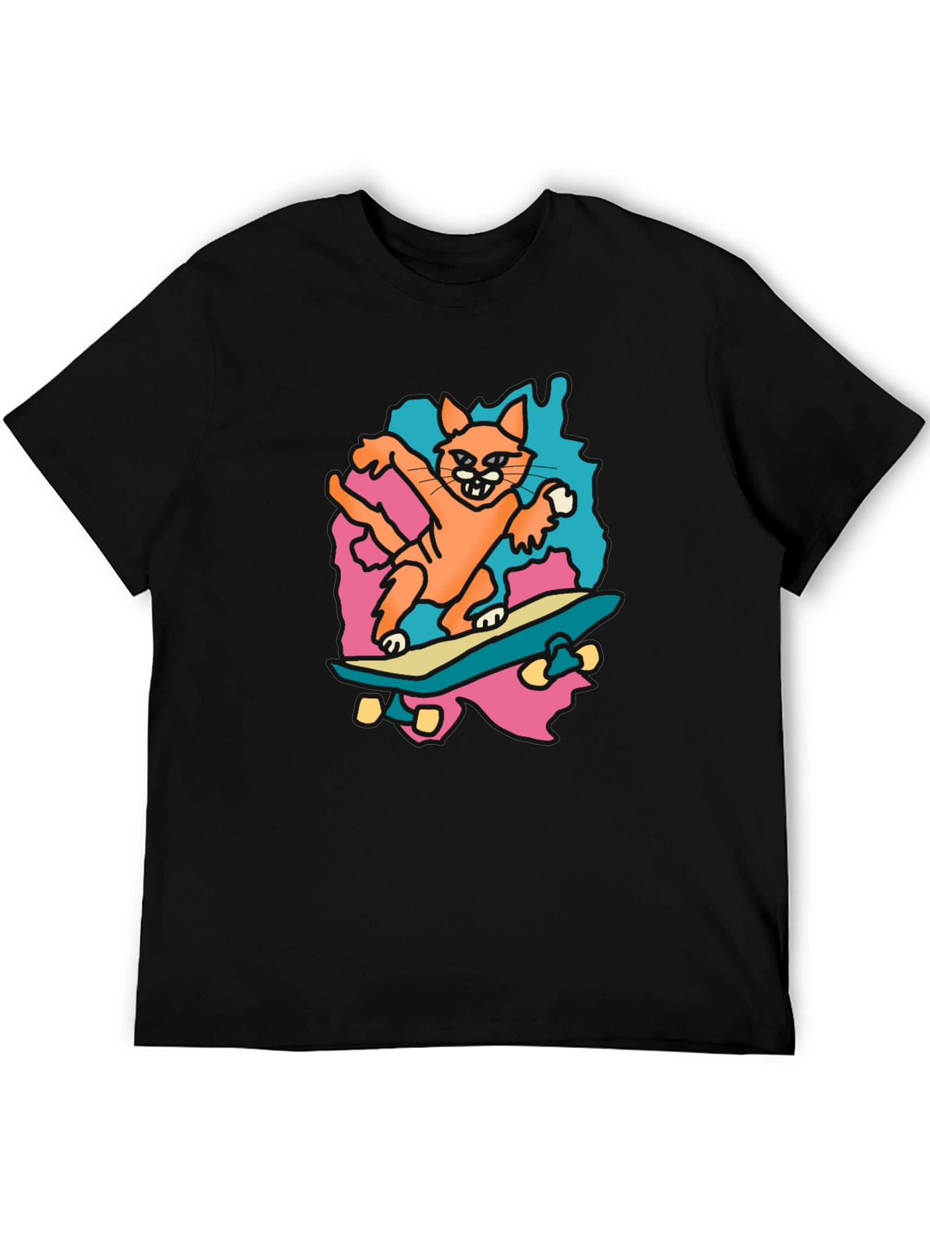 Black Skateboarding Cat Graphic Tee - Black Cotton T-Shirt view 5