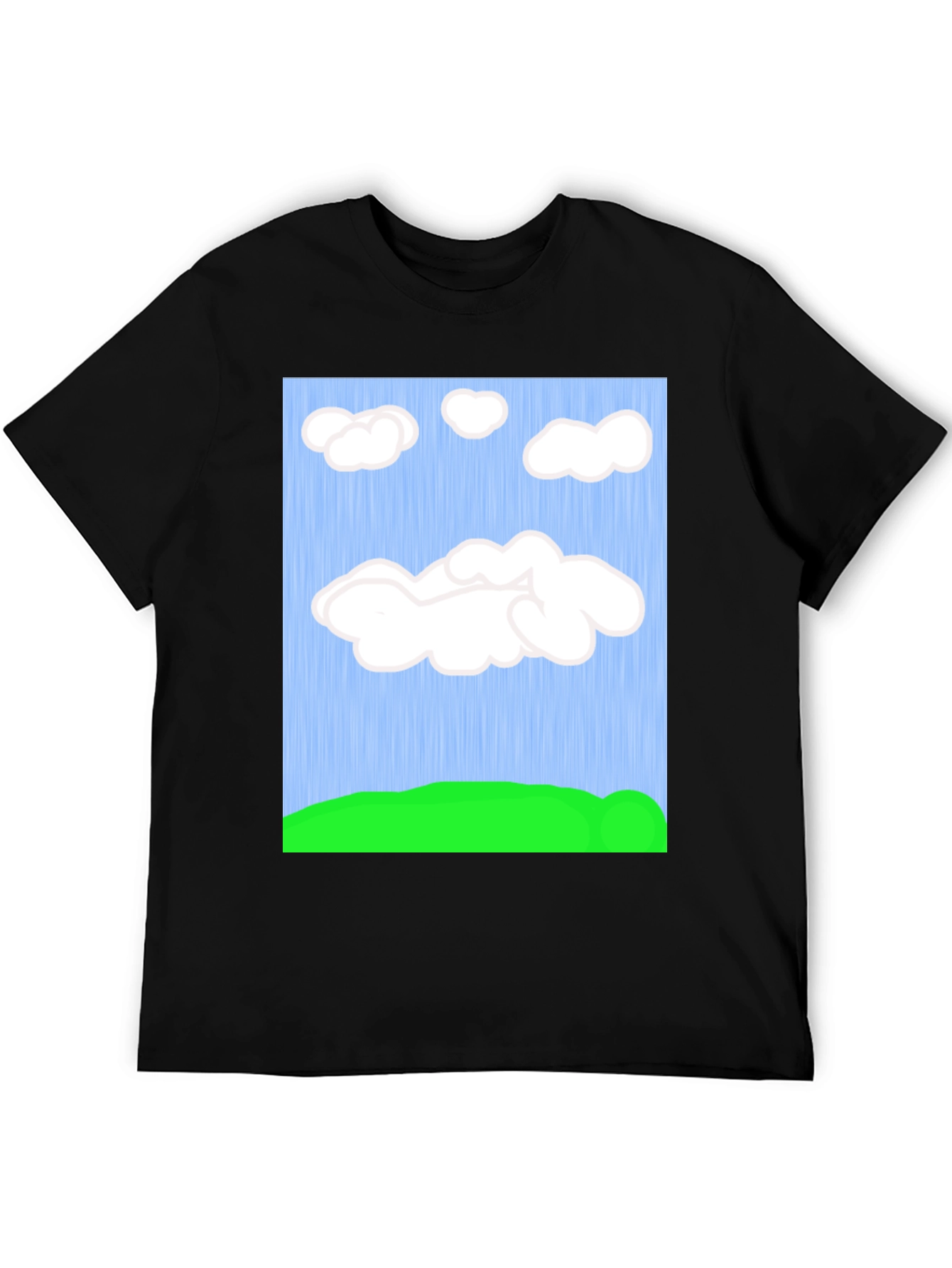 Black Cartoon Clouds T-Shirt - Sky & Green Field Design view 5