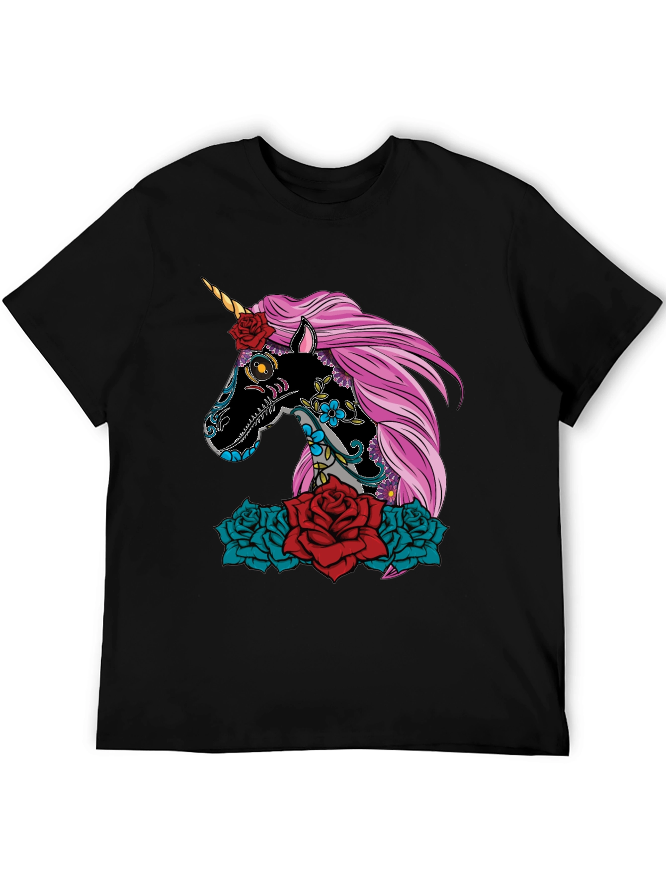 Black Sugar Skull Unicorn Rose T-Shirt view 5