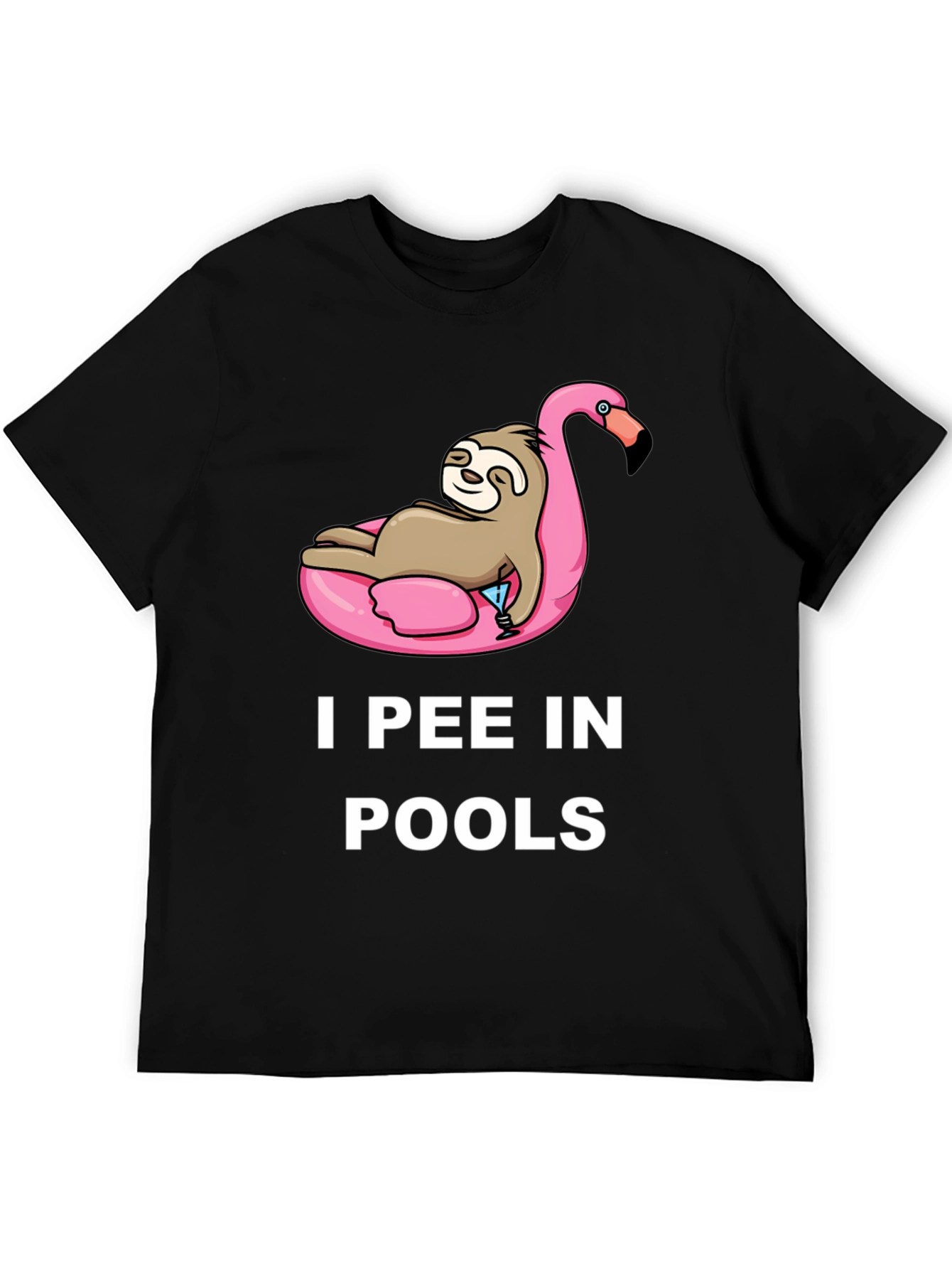 Black Sloth on Flamingo Pool Float T-Shirt - I Pee in Pools view 5