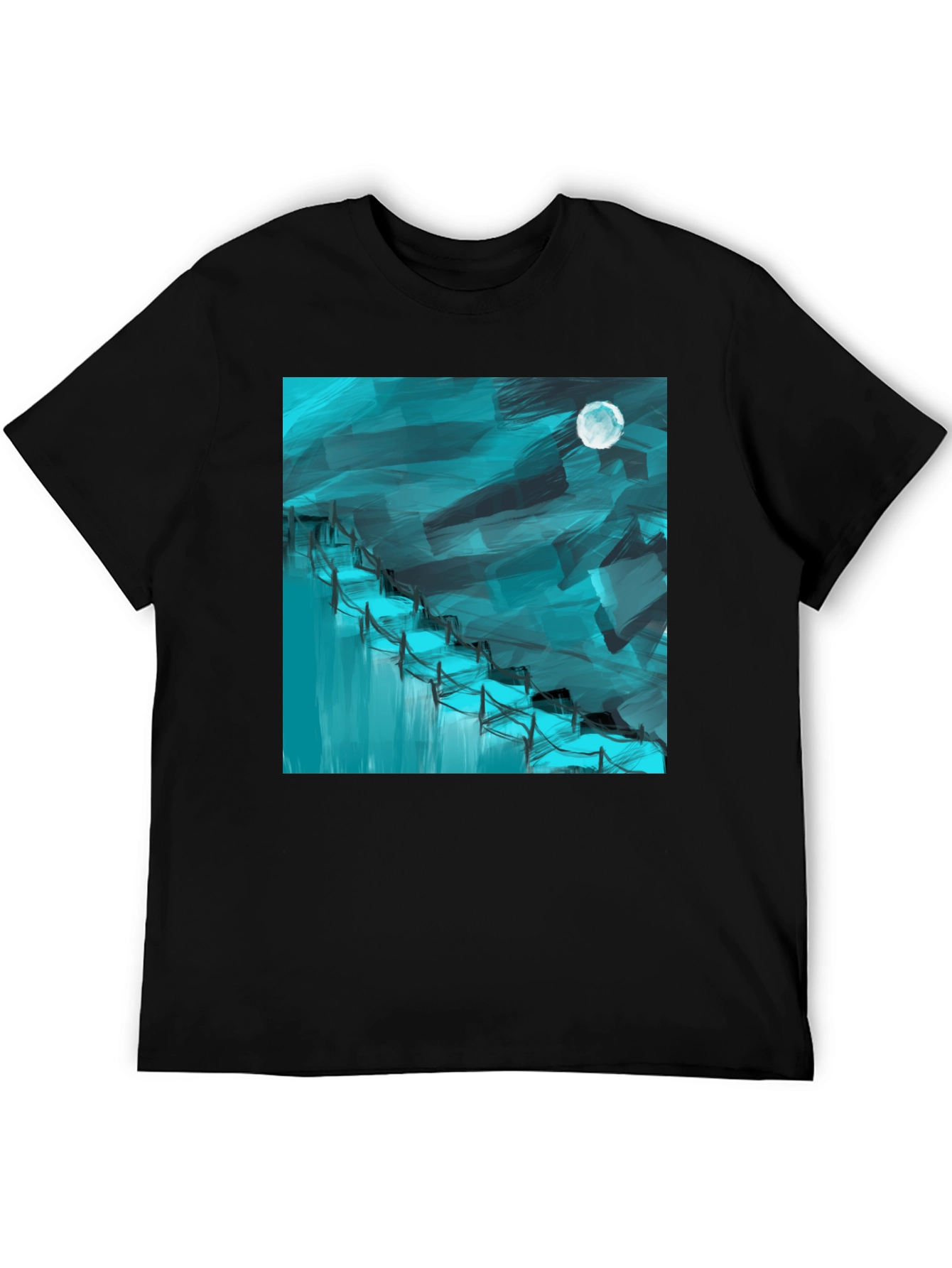 Black Abstract Moonlit Waterfall Graphic Tee - Black Cotton Blend view 5