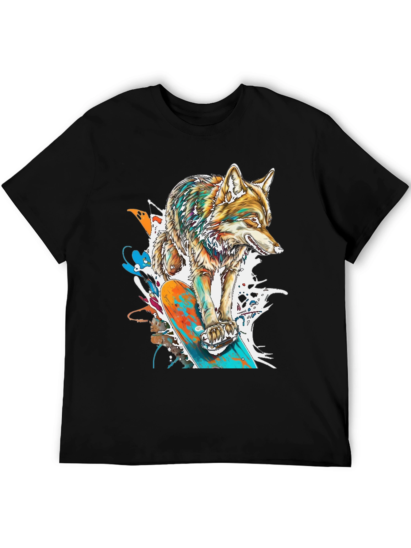 Black Skateboarding Wolf Graphic T-Shirt - Cool Animal Tee view 5