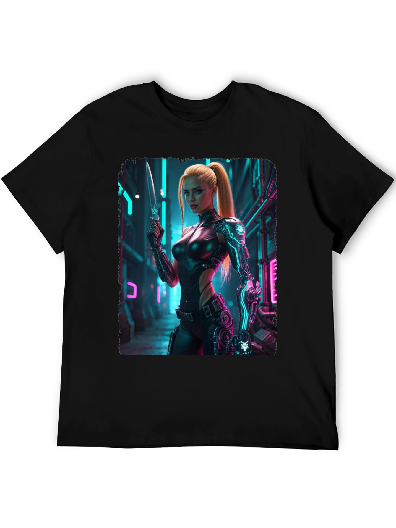 Black Cyberpunk Girl T-Shirt - Sci-Fi Warrior Tee view 5