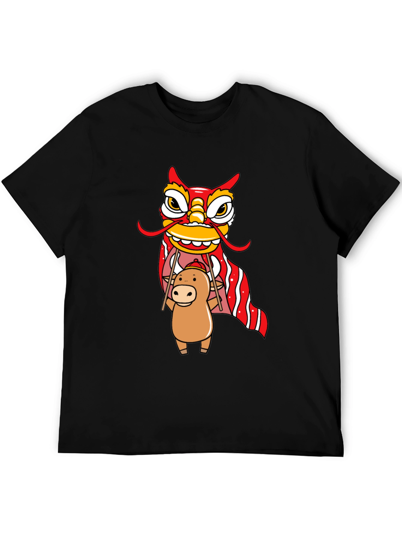 Black Cute Ox & Lion Dance Graphic T-Shirt view 5