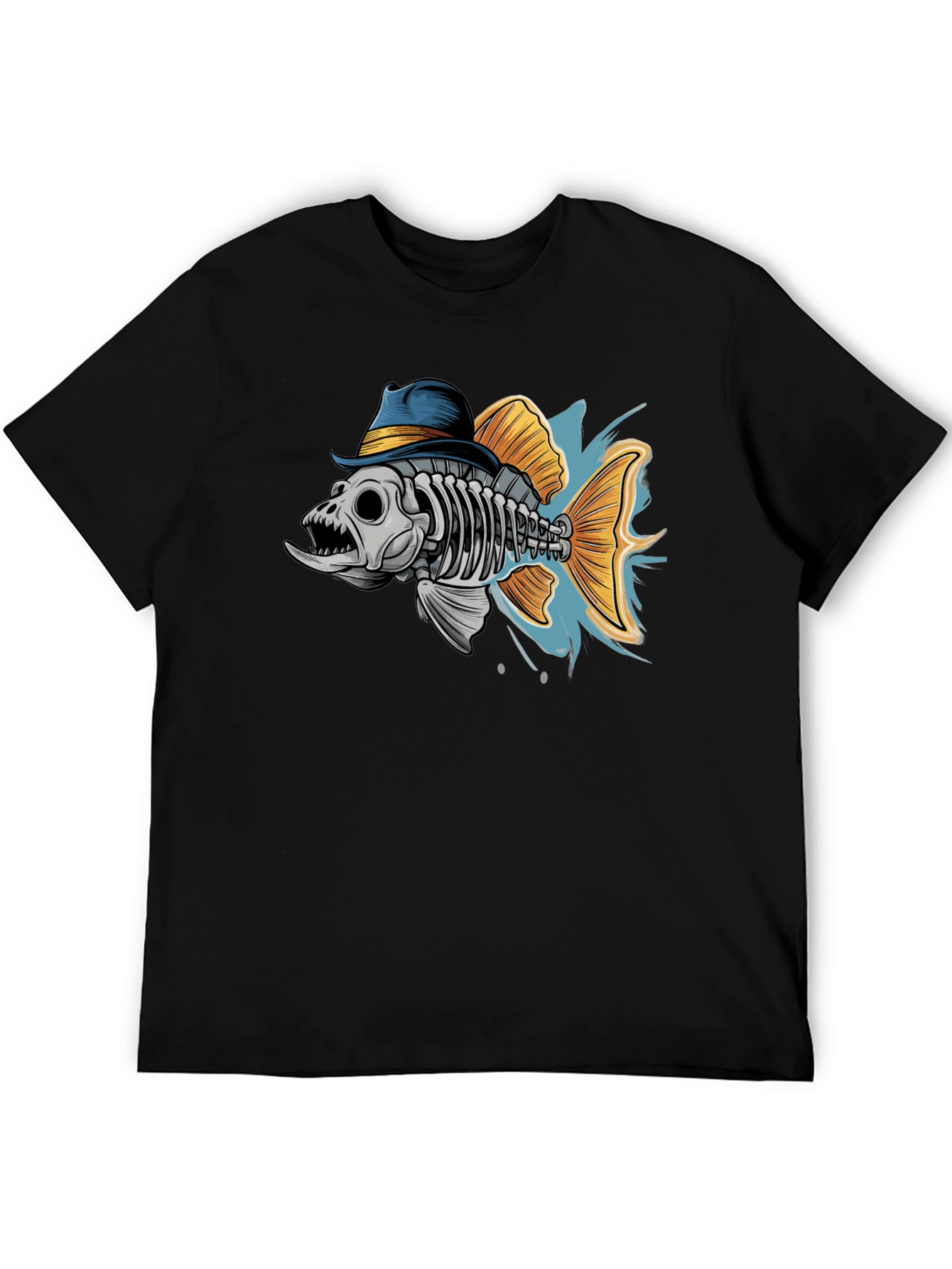 Black Fish Skeleton in Hat Graphic T-Shirt view 5