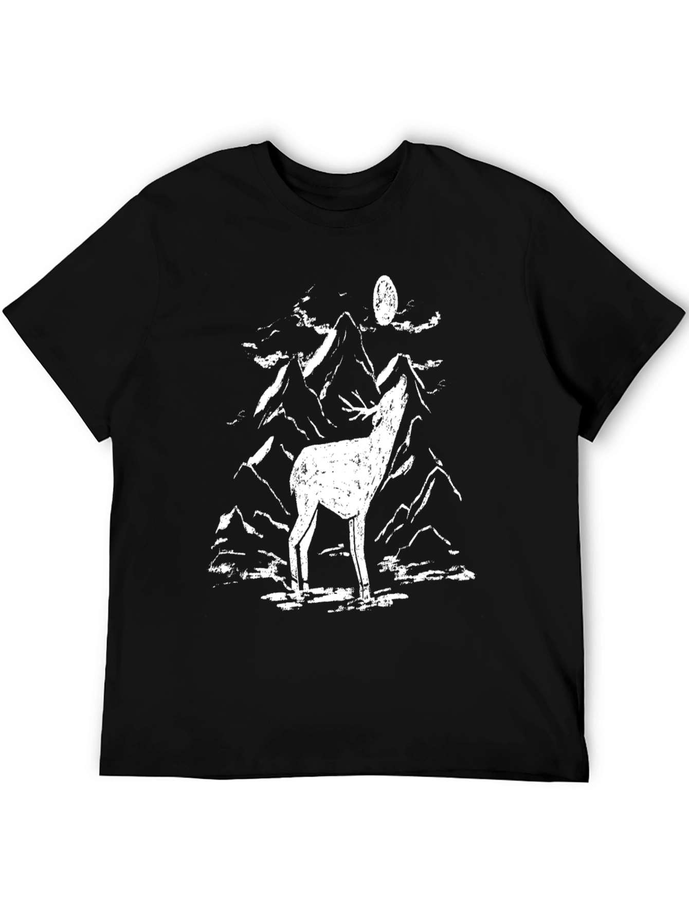 Black Men's Black Graphic Tee - Deer Howling at Moon Design view 5