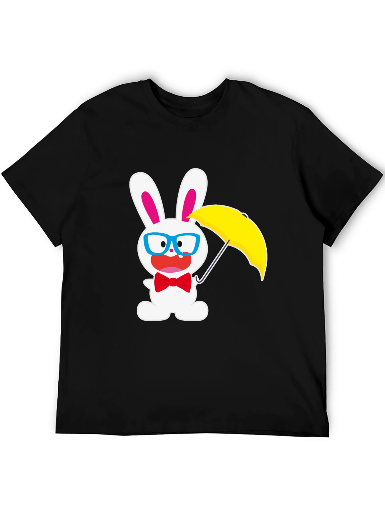 Black Funny Bunny T-Shirt: White Rabbit with Glasses & Umbrella view 5