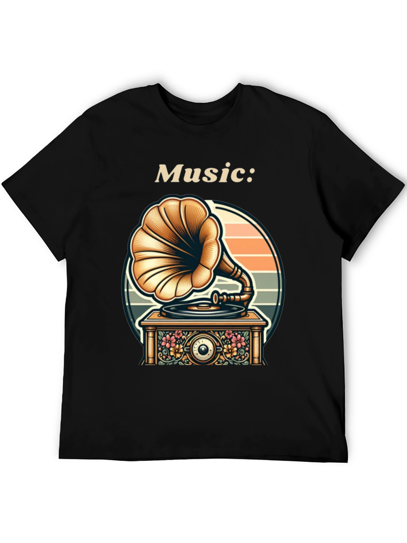 Black Vintage Music Lover T-Shirt - Gramophone Design view 5